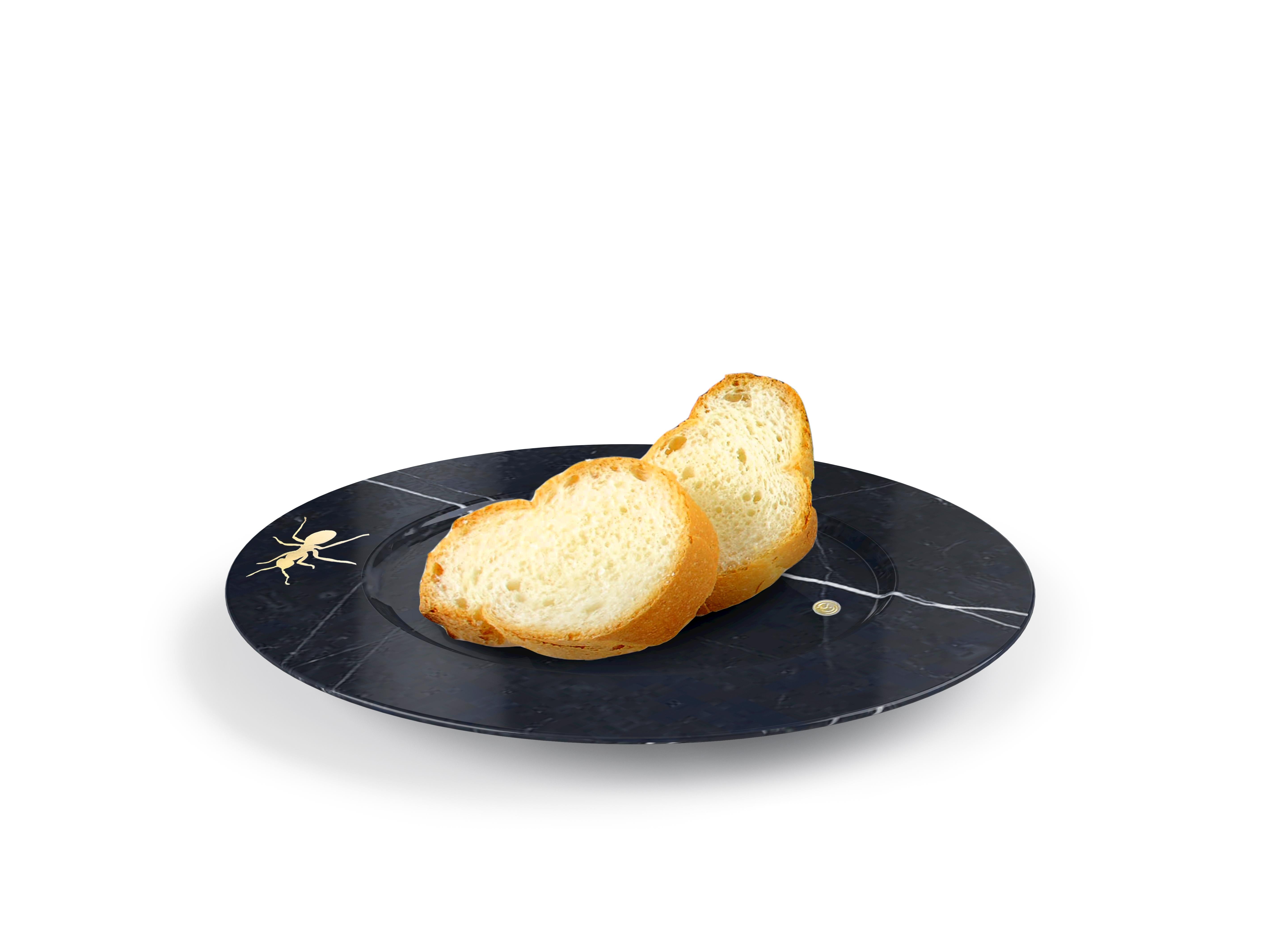 Bread and butter plate. Hand carved circular plate from Marquinia Marble with inlaid brass ants. Polished finishing.
Multiple use as plates, platters and placers. 

Dimensions: D 18 X H 1.5 cm. Available in different marbles, onyx and quartzite.
