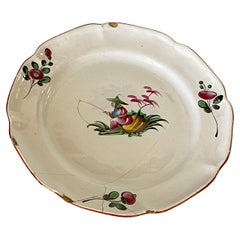 Vintage Plate in French Faïence, Red and Green Color, 19th Century Chinese Fisher