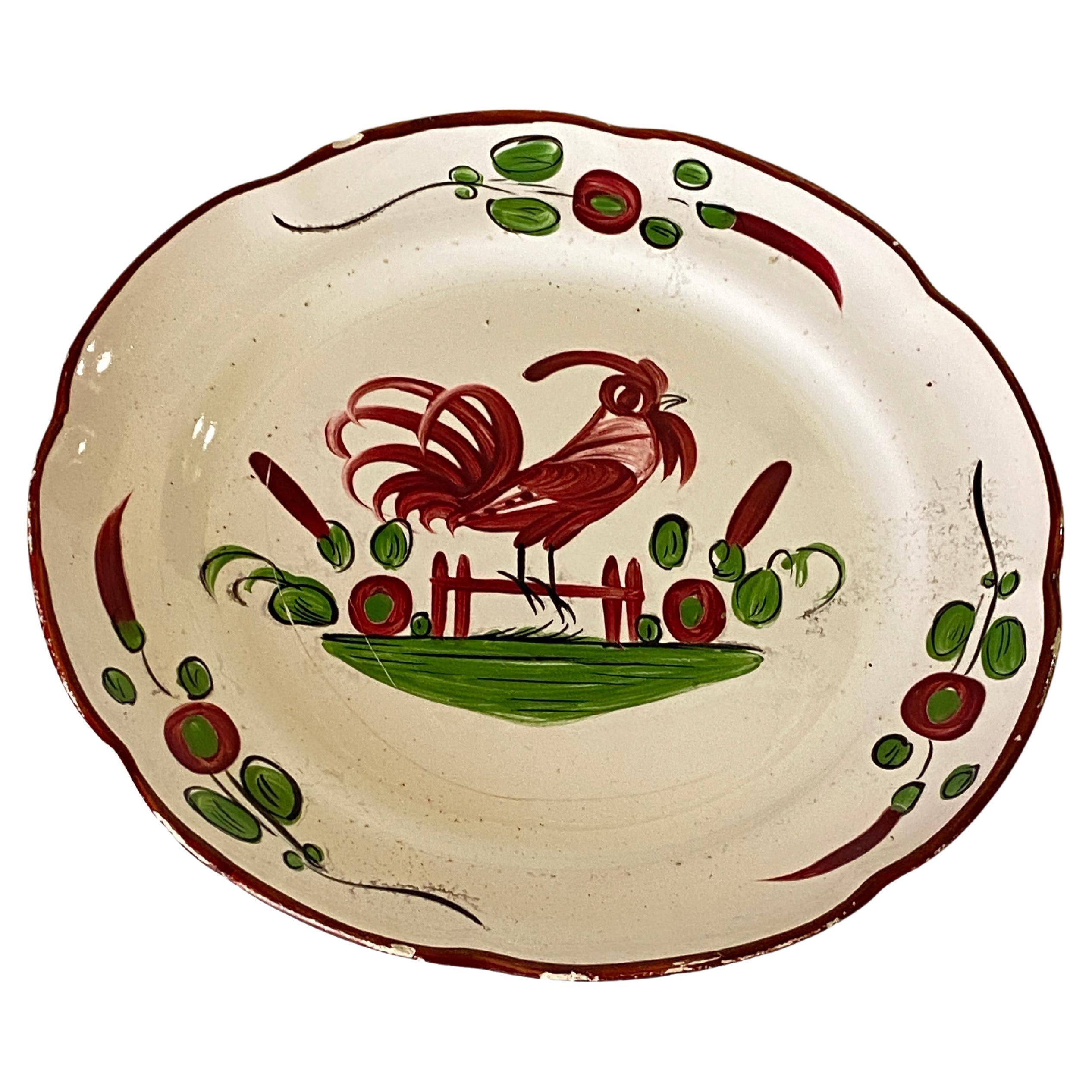 Plate in French Faïence, Red and Green Color, 19th Century, Rooster For Sale