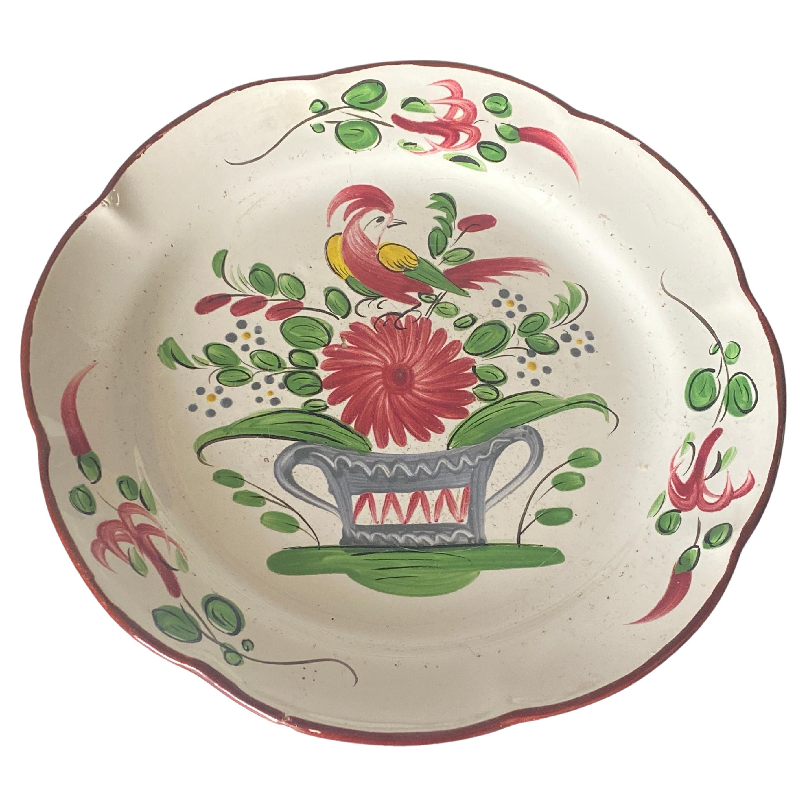 Plate in French Faïence, Red and Green Color, 19th Century, Rooster For Sale