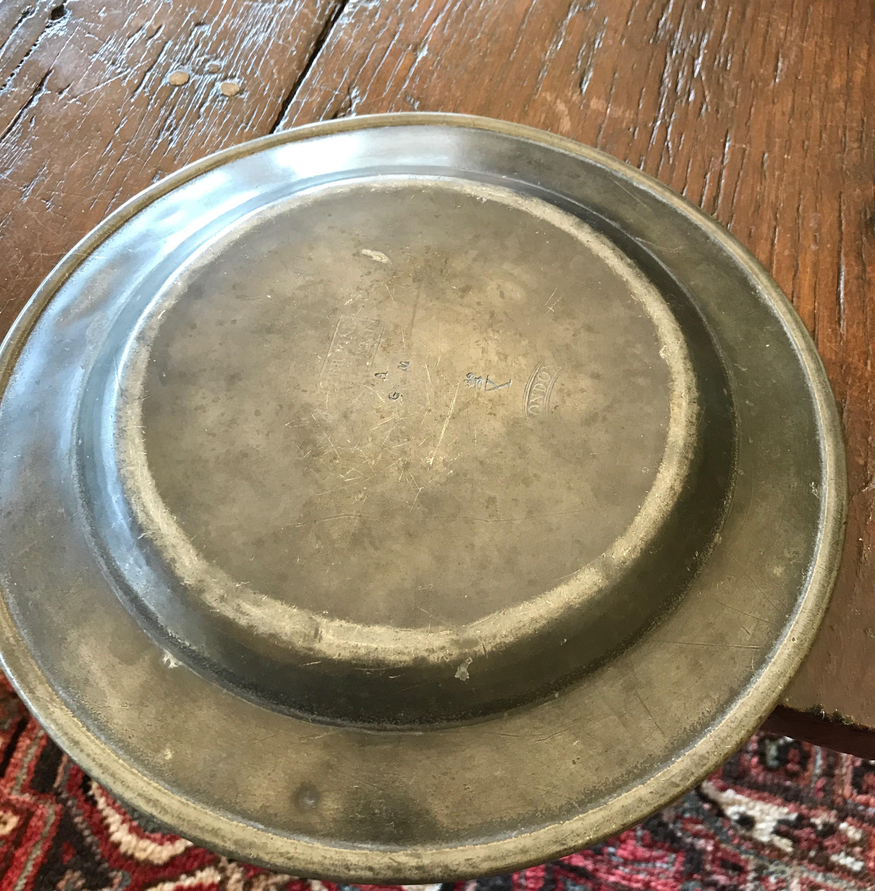 High Victorian Plate London in Pewter, 19th Century Plus 7 Spoons Puter For Sale