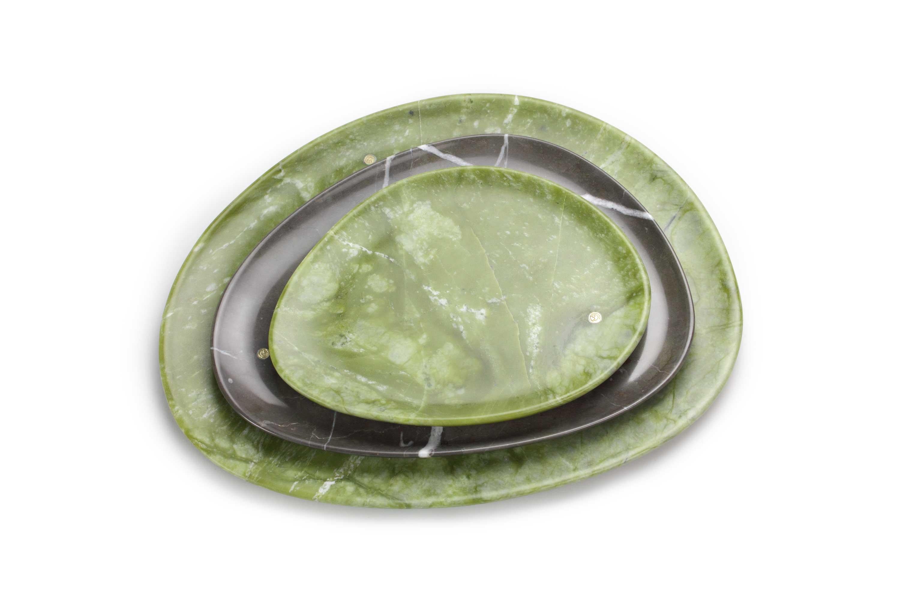 Italian Plate Platter Serveware Solid Green Ming Marble Hand-carved Collectible Italy