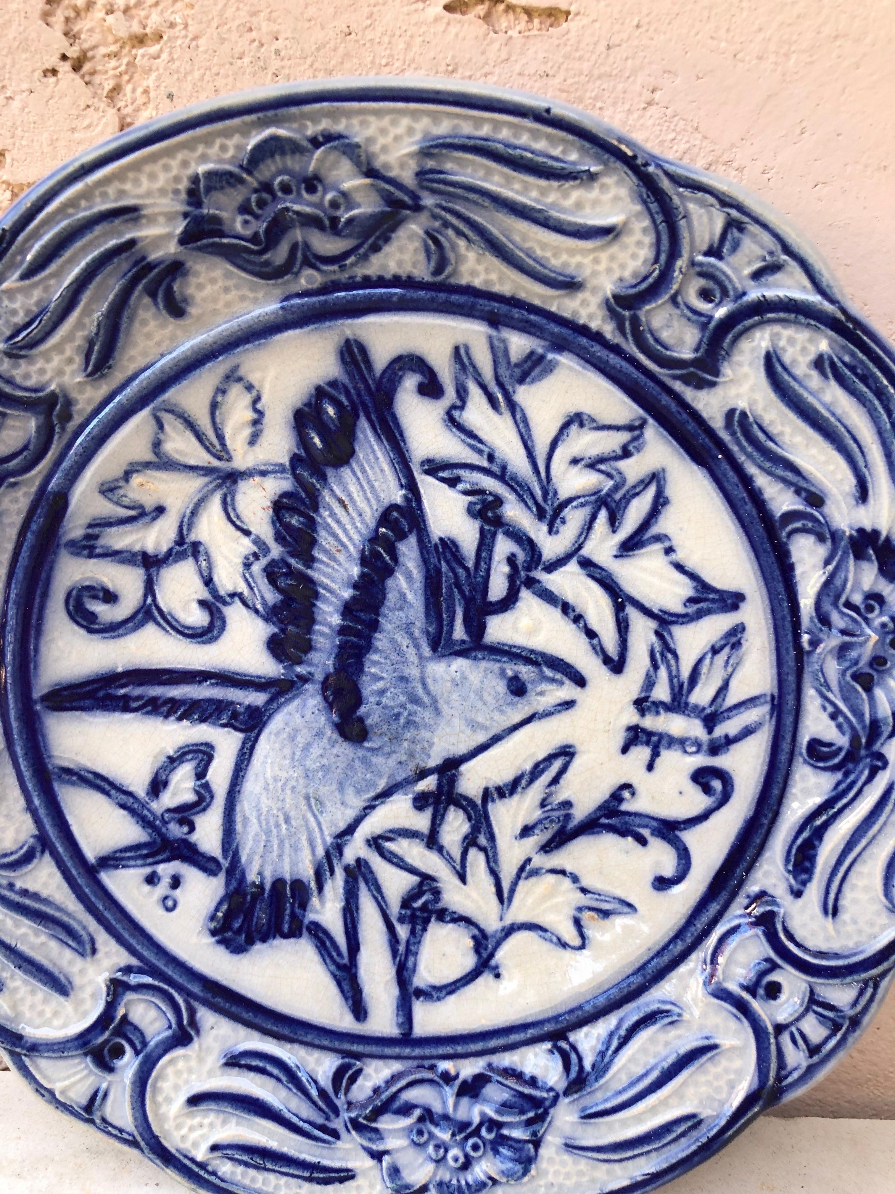 19th Century Blue & White Majolica Bird and insect Plate Wasmuel.