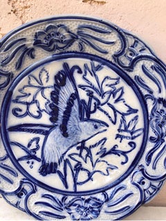 19th Century Blue & White Majolica Bird Plate Wasmuel