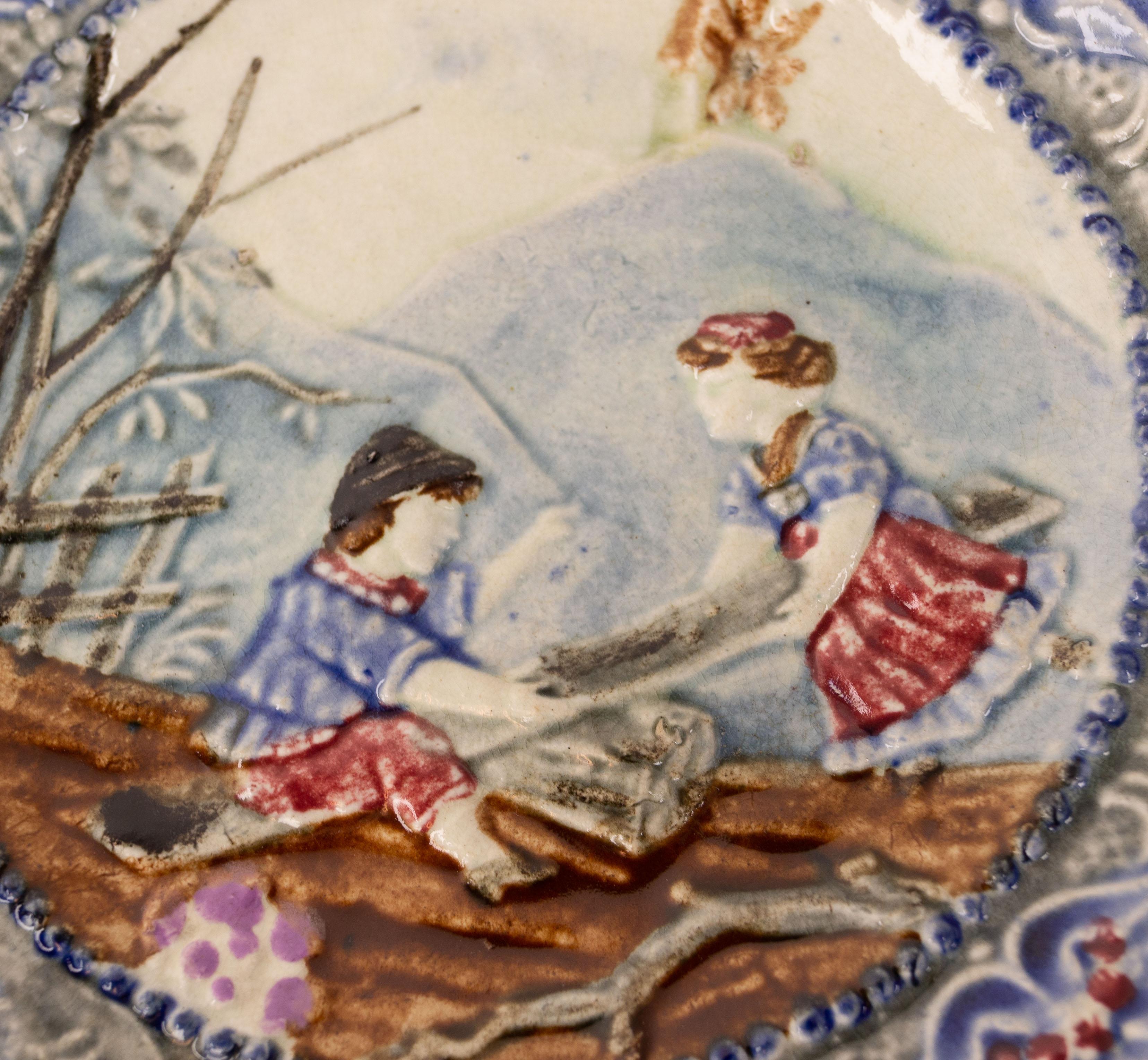 Romantic Plate with Faience Plate with Children Playing Swing Walmuel, Belgium, 19th C For Sale