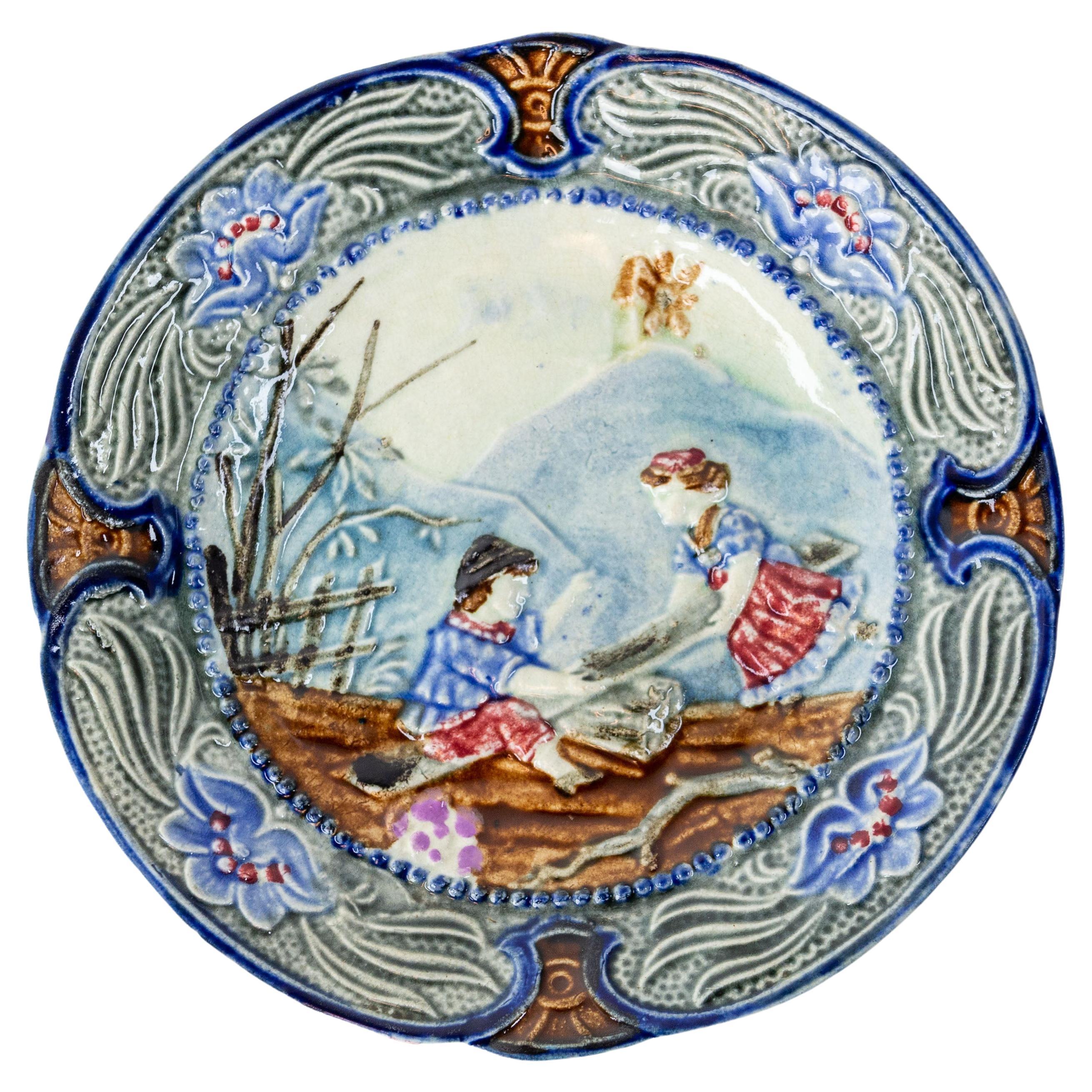 Plate with Faience Plate with Children Playing Swing Walmuel, Belgium, 19th C For Sale