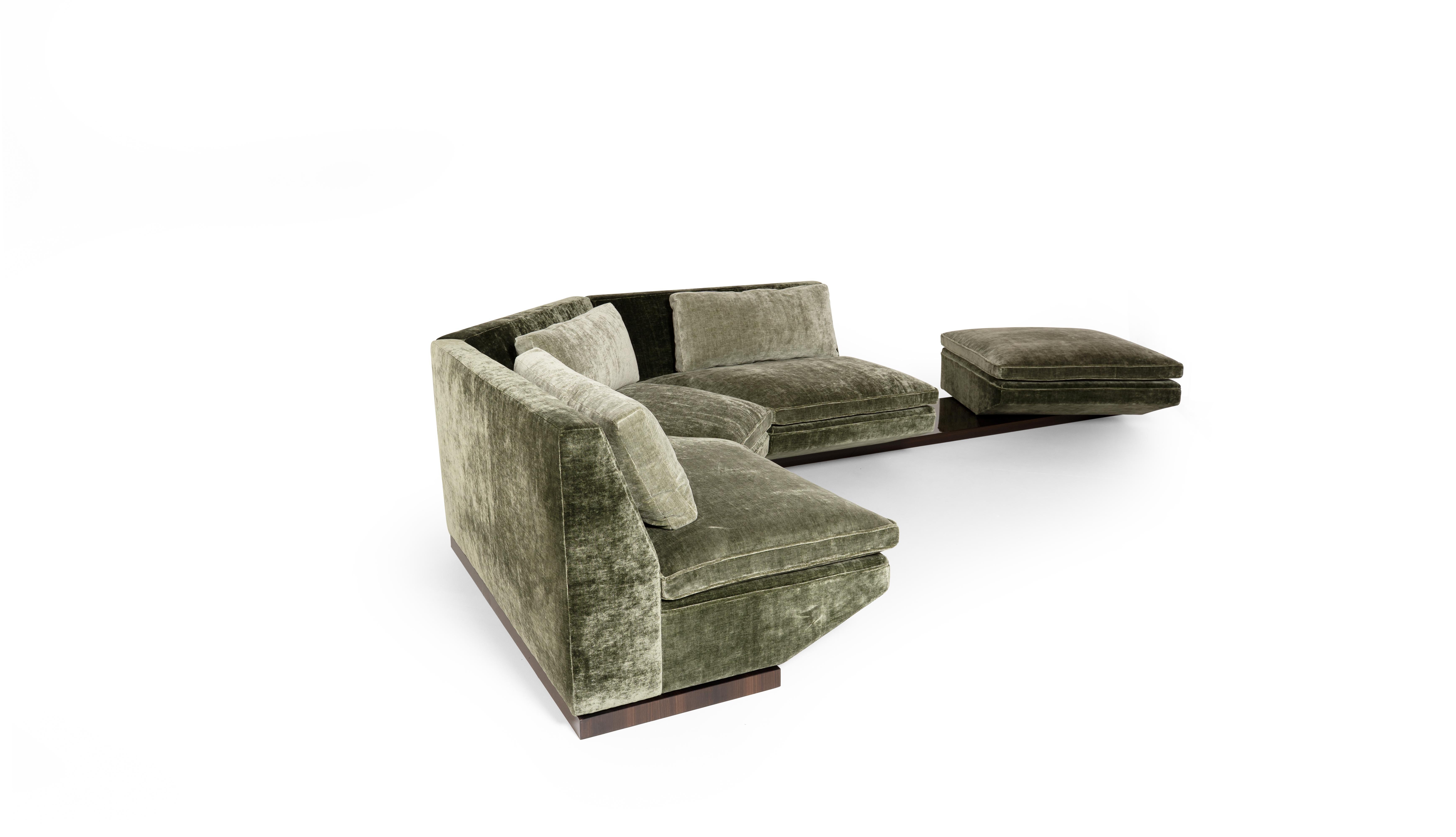 Italian PLATEA Modular Angular Composition of Green Velvet Sofa and Revolving Pouf For Sale