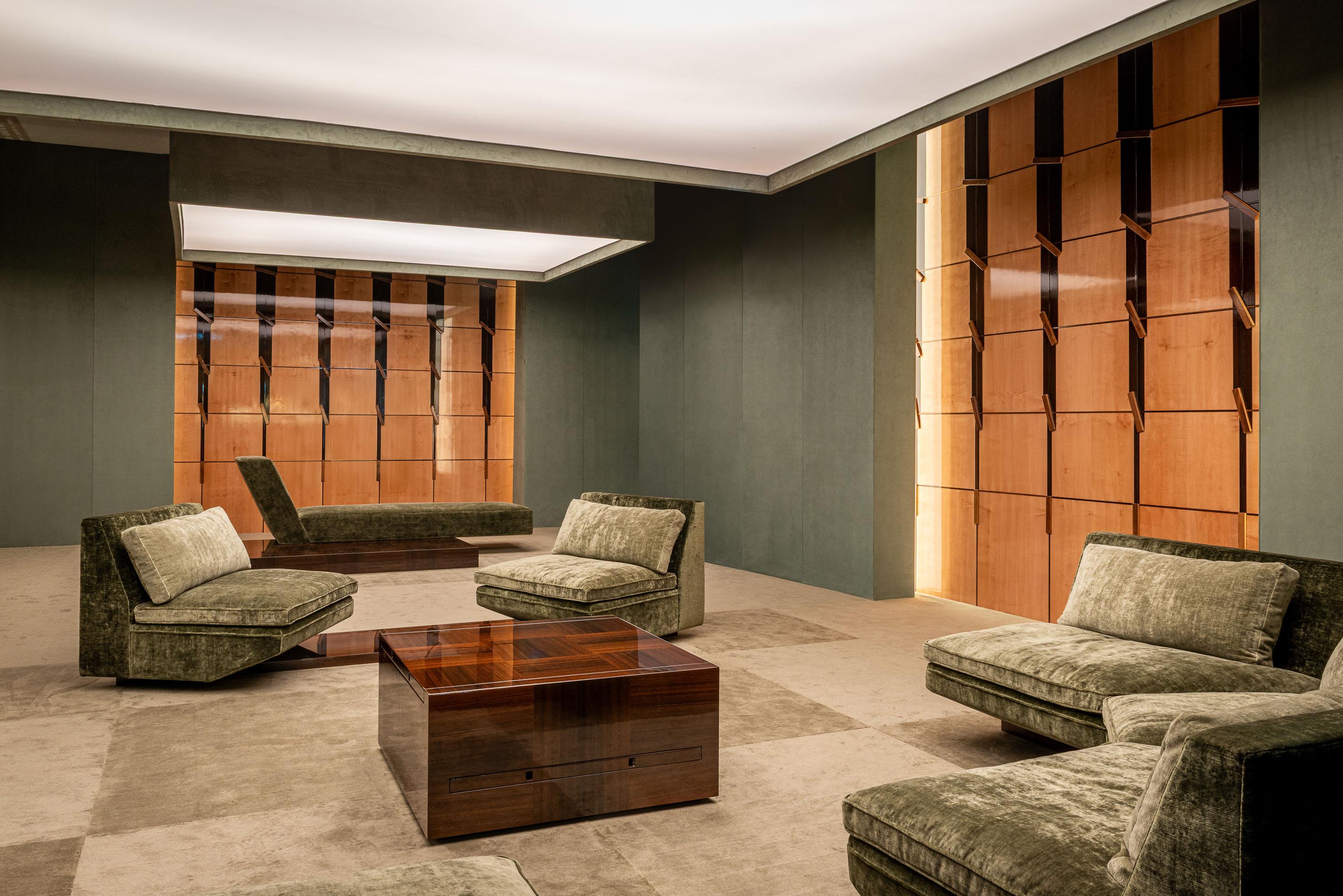 Contemporary PLATEA Modular Angular Composition of Green Velvet Sofa and Revolving Pouf For Sale
