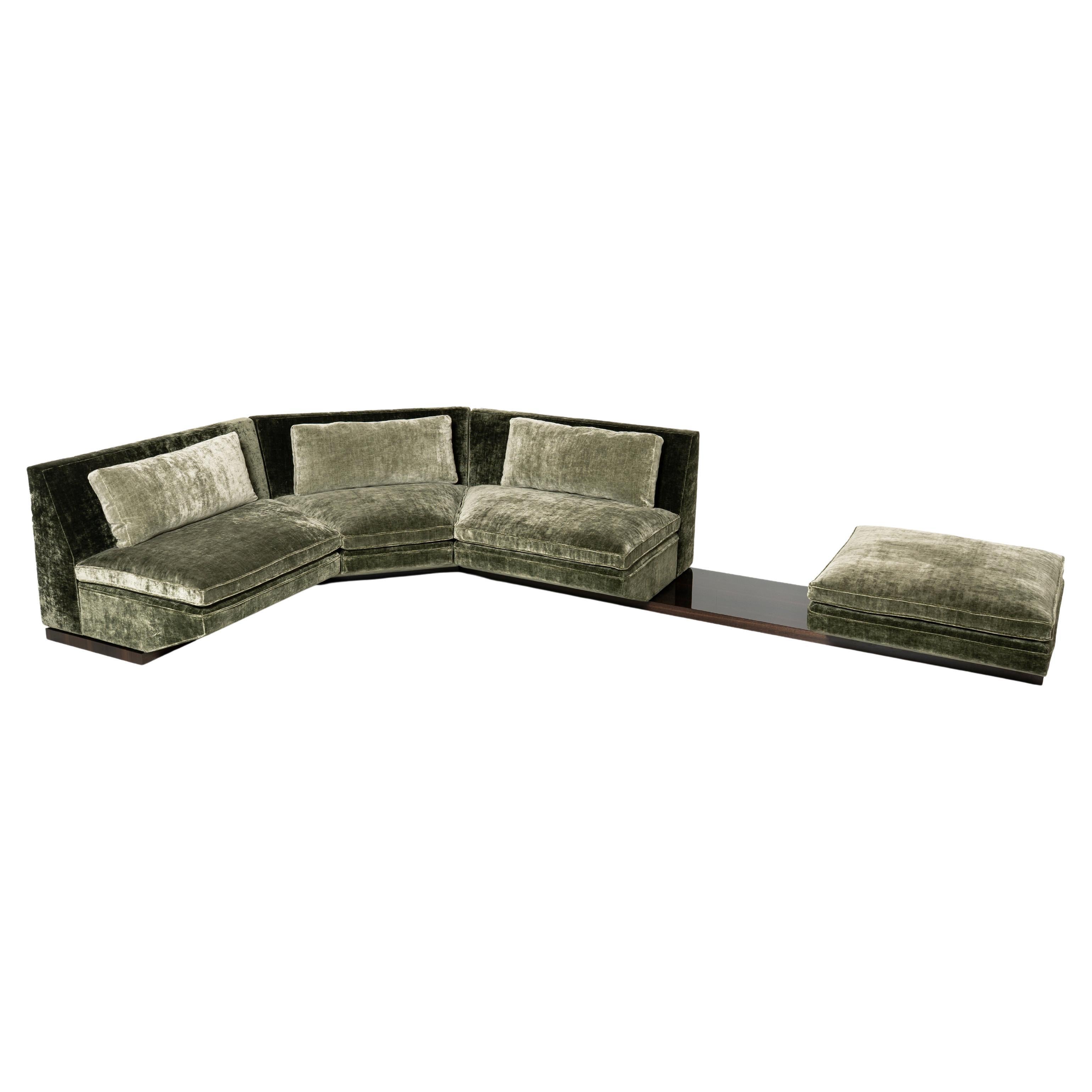PLATEA Modular Angular Composition of Green Velvet Sofa and Revolving Pouf For Sale