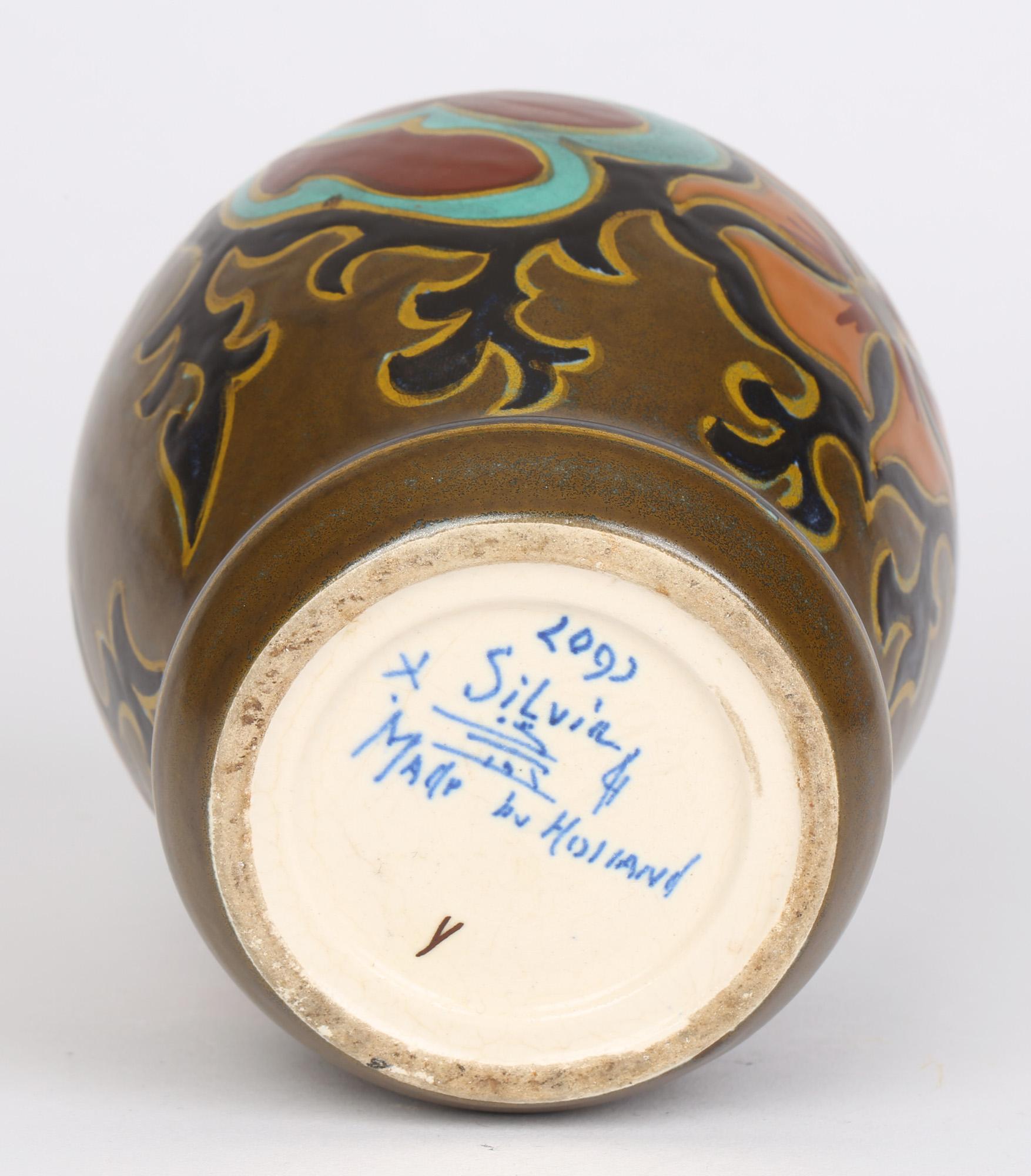Glazed Plateelbakkerij Zuid-Holland 'PZH' Dutch Gouda Art Deco Silvia Pattern Vase For Sale