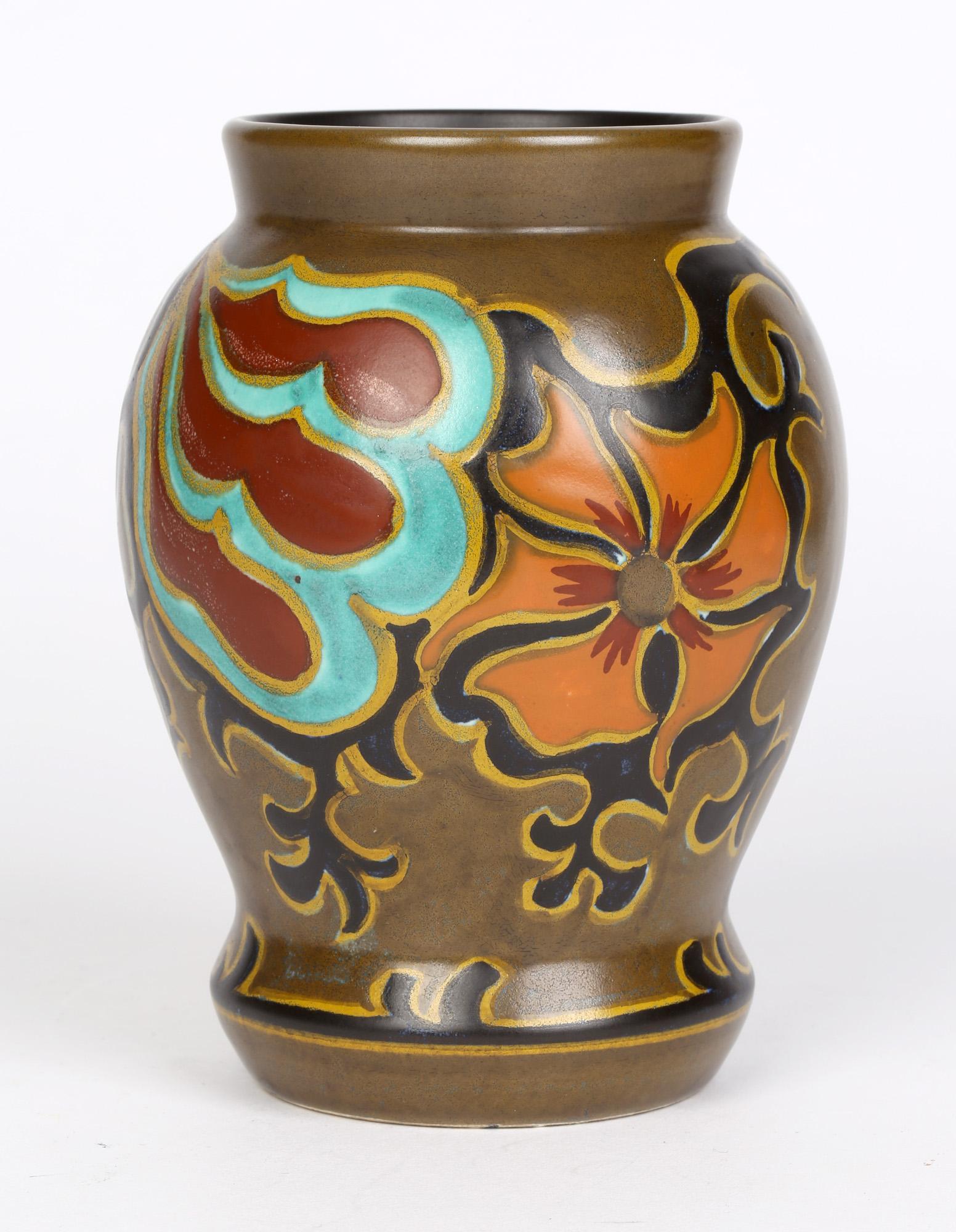 Early 20th Century Plateelbakkerij Zuid-Holland 'PZH' Dutch Gouda Art Deco Silvia Pattern Vase For Sale