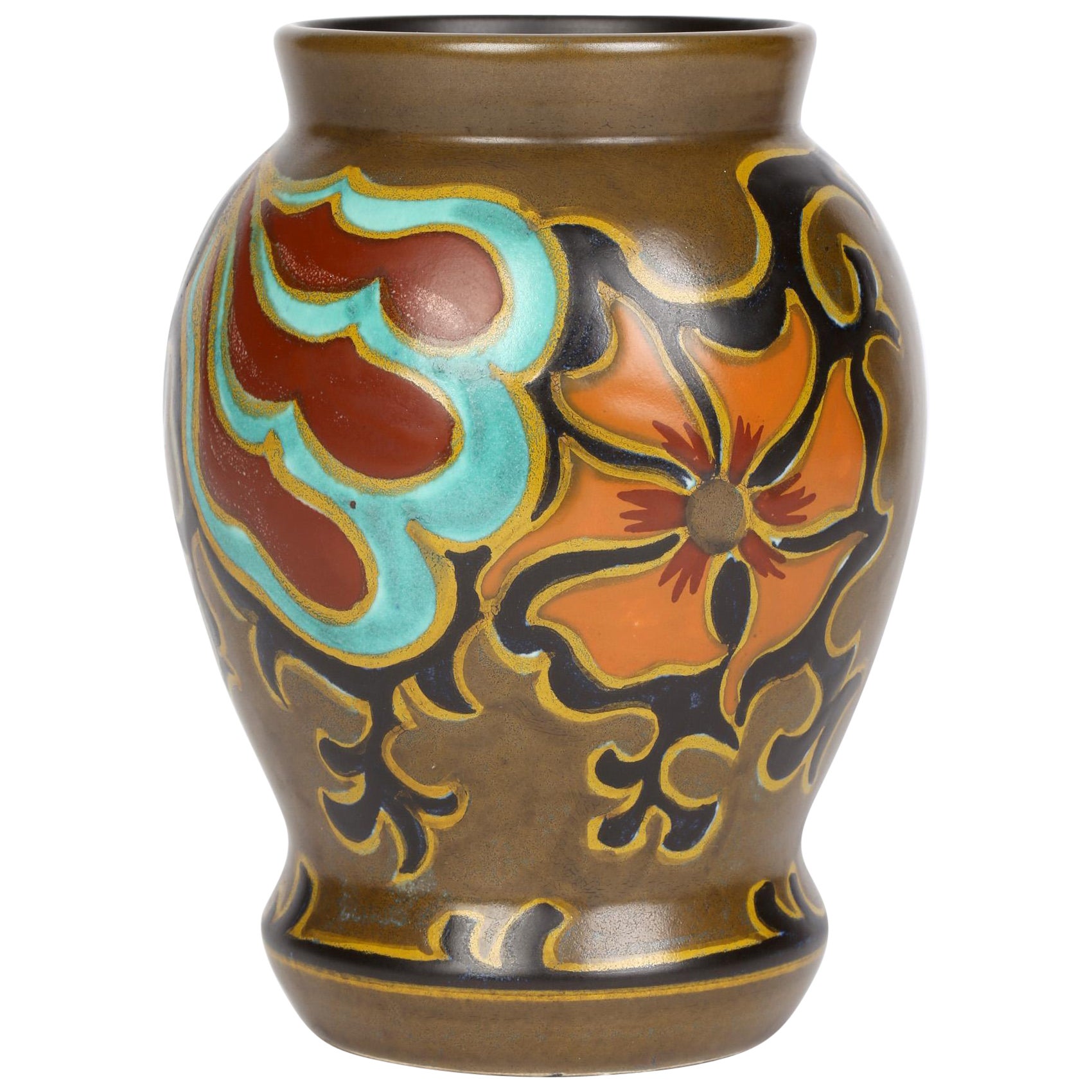 Plateelbakkerij Zuid-Holland 'PZH' Niederländische Gouda Art Deco Vase mit Silvia-Muster im Angebot