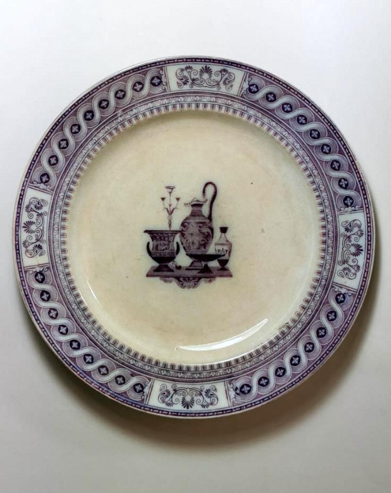 Victorian English Plates Enameled Ceramic with Transferware Decoration Etruscan Vases 