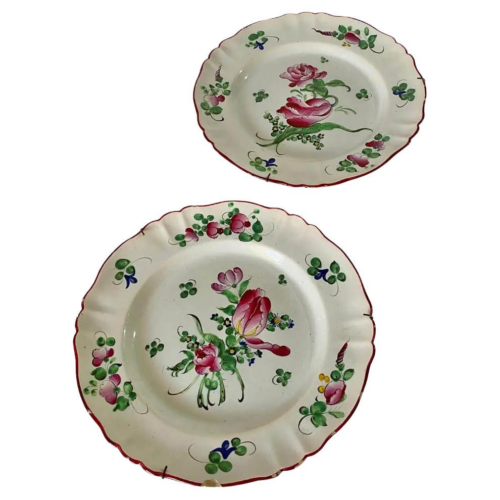 Plates in French Faïence, Red and Green Color, 19th Century, Representing Flower