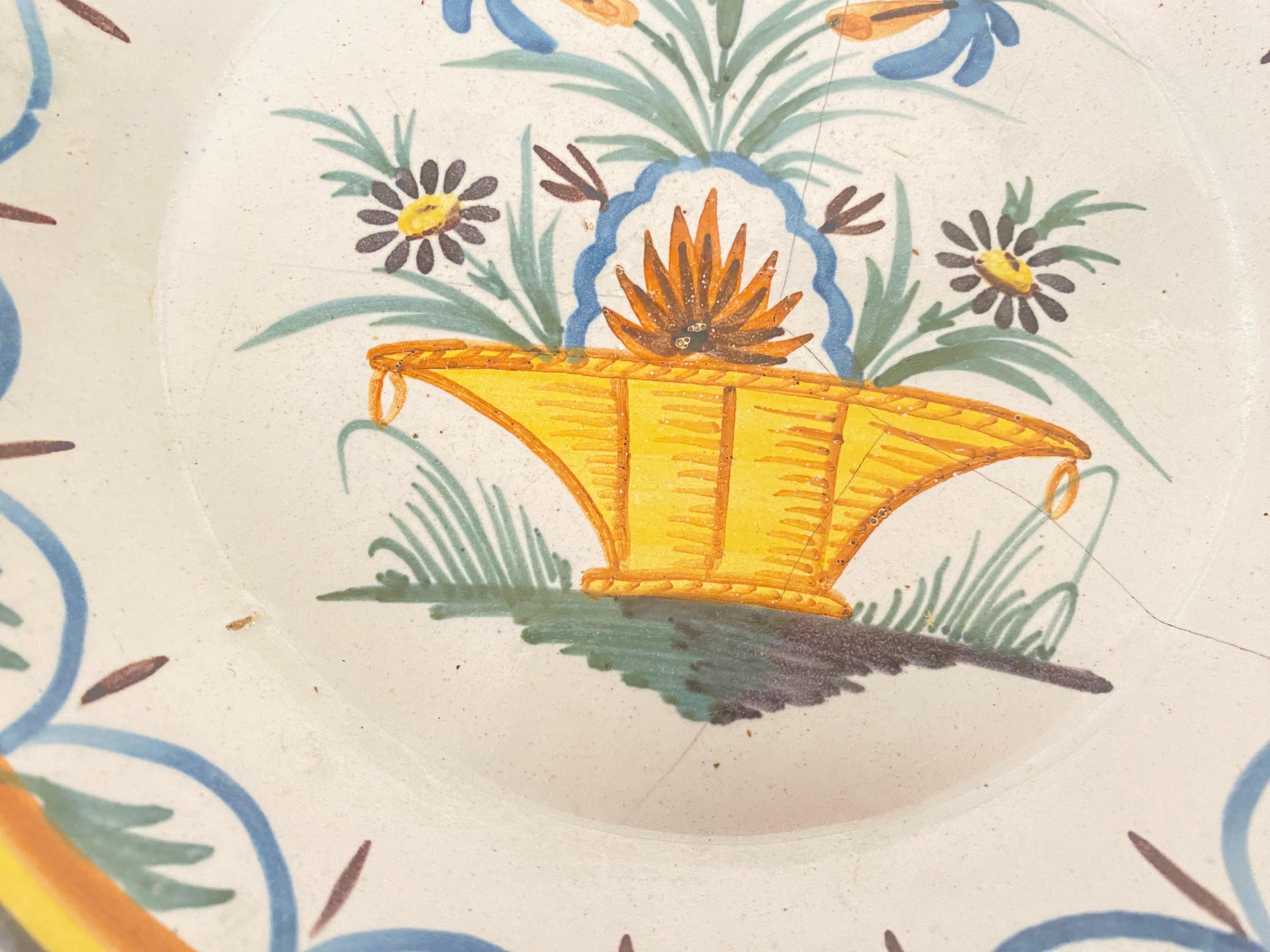 19th Century Plates in French Faïence Yellow and Blue Color 19th-18th Century Set of 2 For Sale