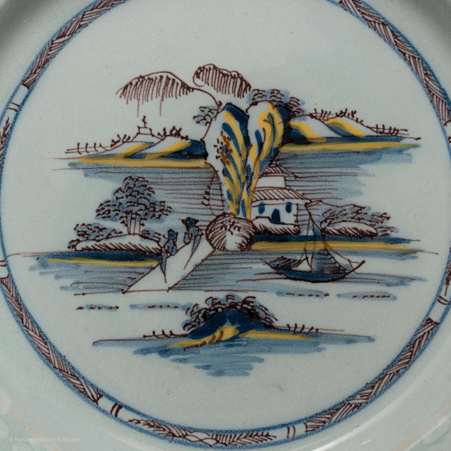 Baroque Plates Pair Biancosoprabianco Delft Redcliff Back Bristol Chinoiserie Polychrome For Sale