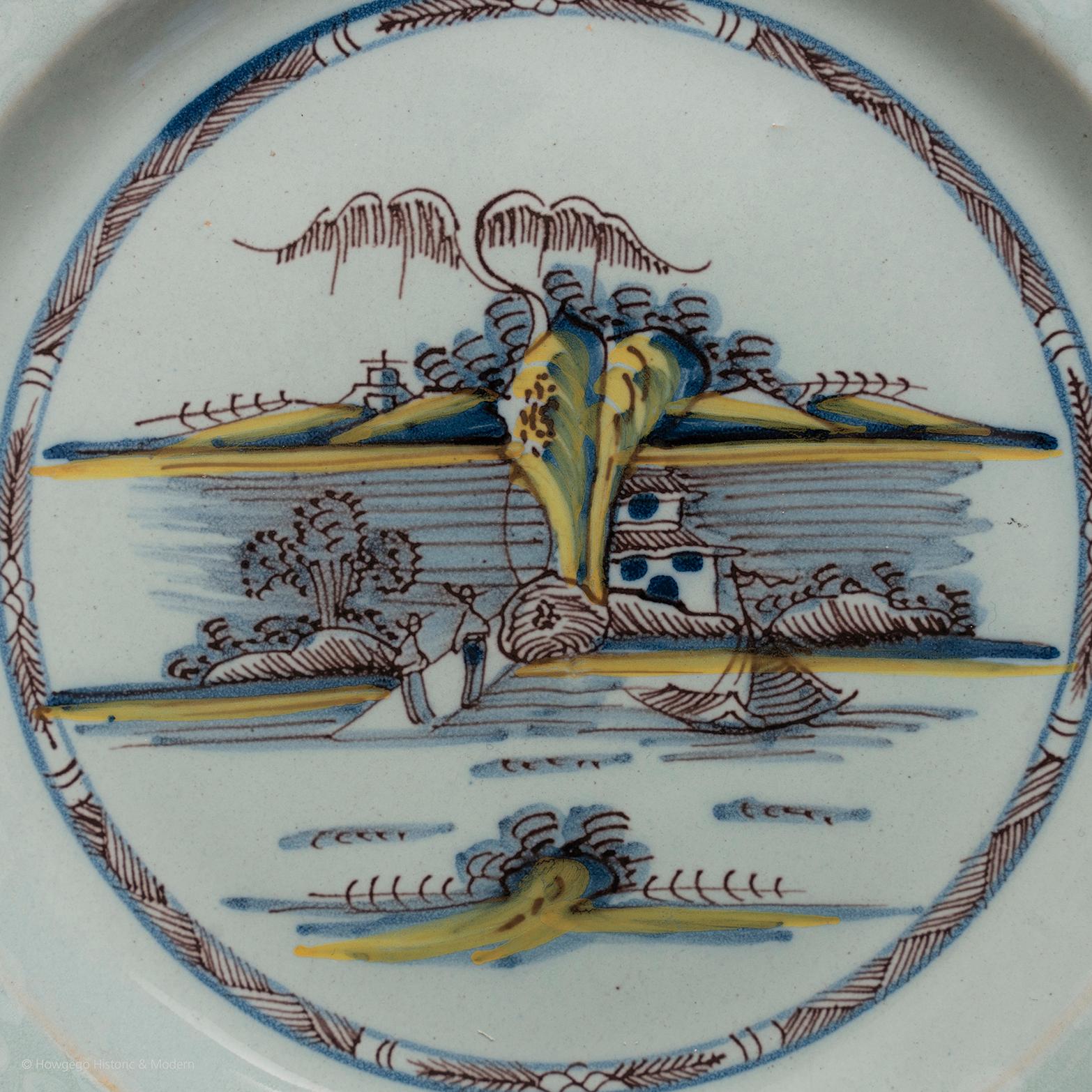 English Plates Pair Biancosoprabianco Delft Redcliff Back Bristol Chinoiserie Polychrome For Sale