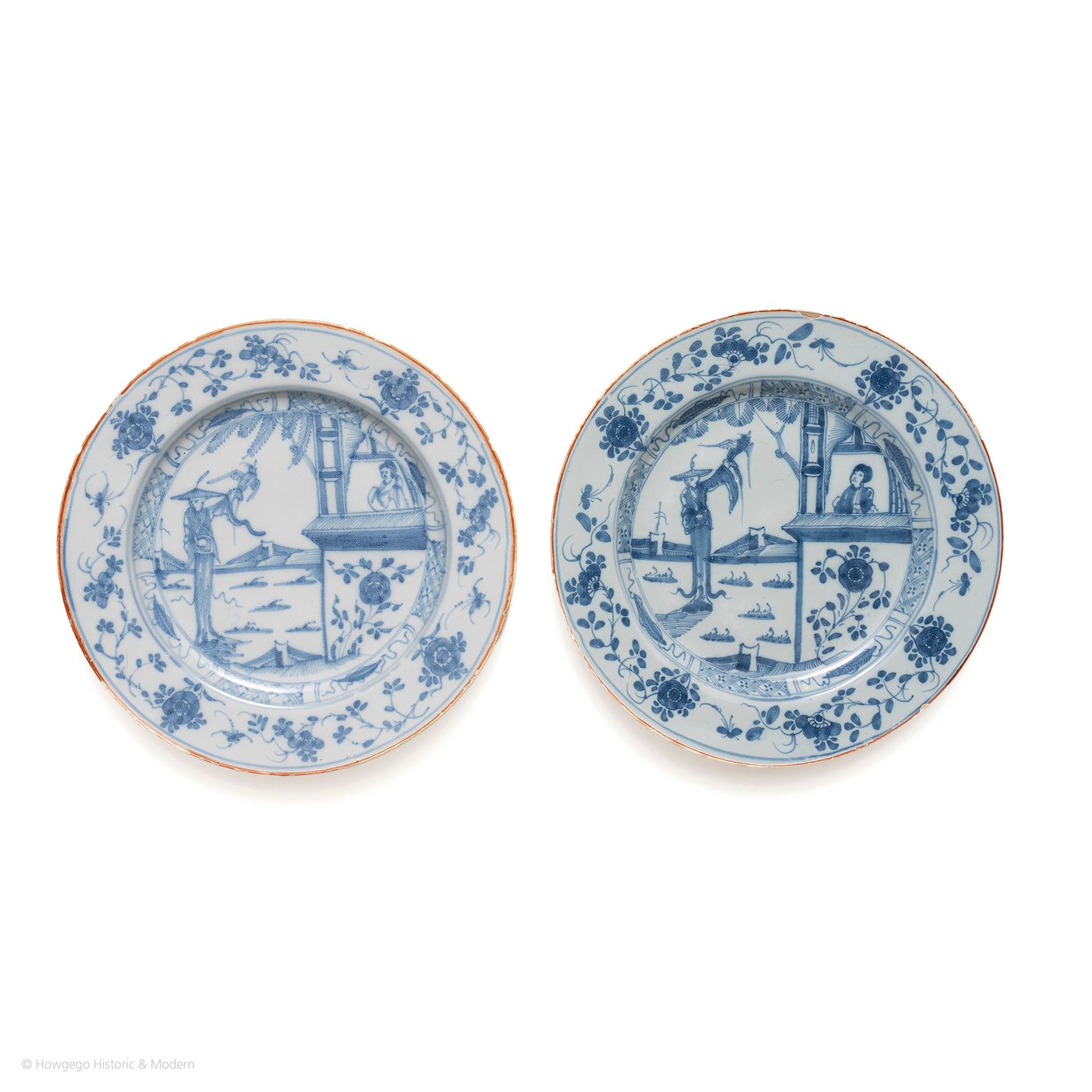 Delightful pair of chinoiserie plates evoking how exotic the East appeared to Europe and a sense of wonder it portrayed.

Painted with a chinoiserie scene of a tall lady standing in a garden holding an exotic bird with another lady watching from