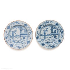 Plates pair delftware English Liverpool blue white chinoiserie tall lady