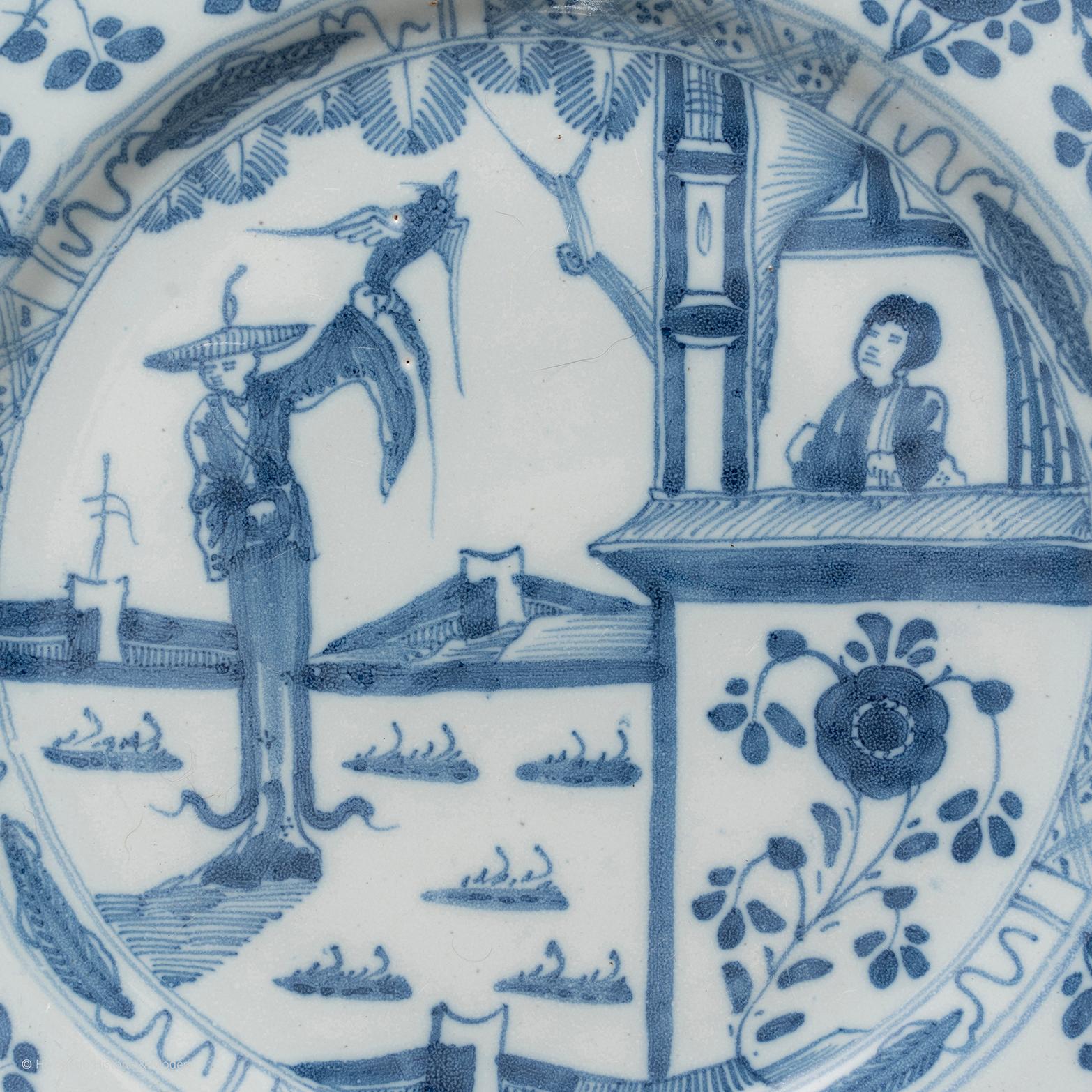 Chinoiserie Plates pair delftware English Liverpool blue white chinoiserie tall lady For Sale