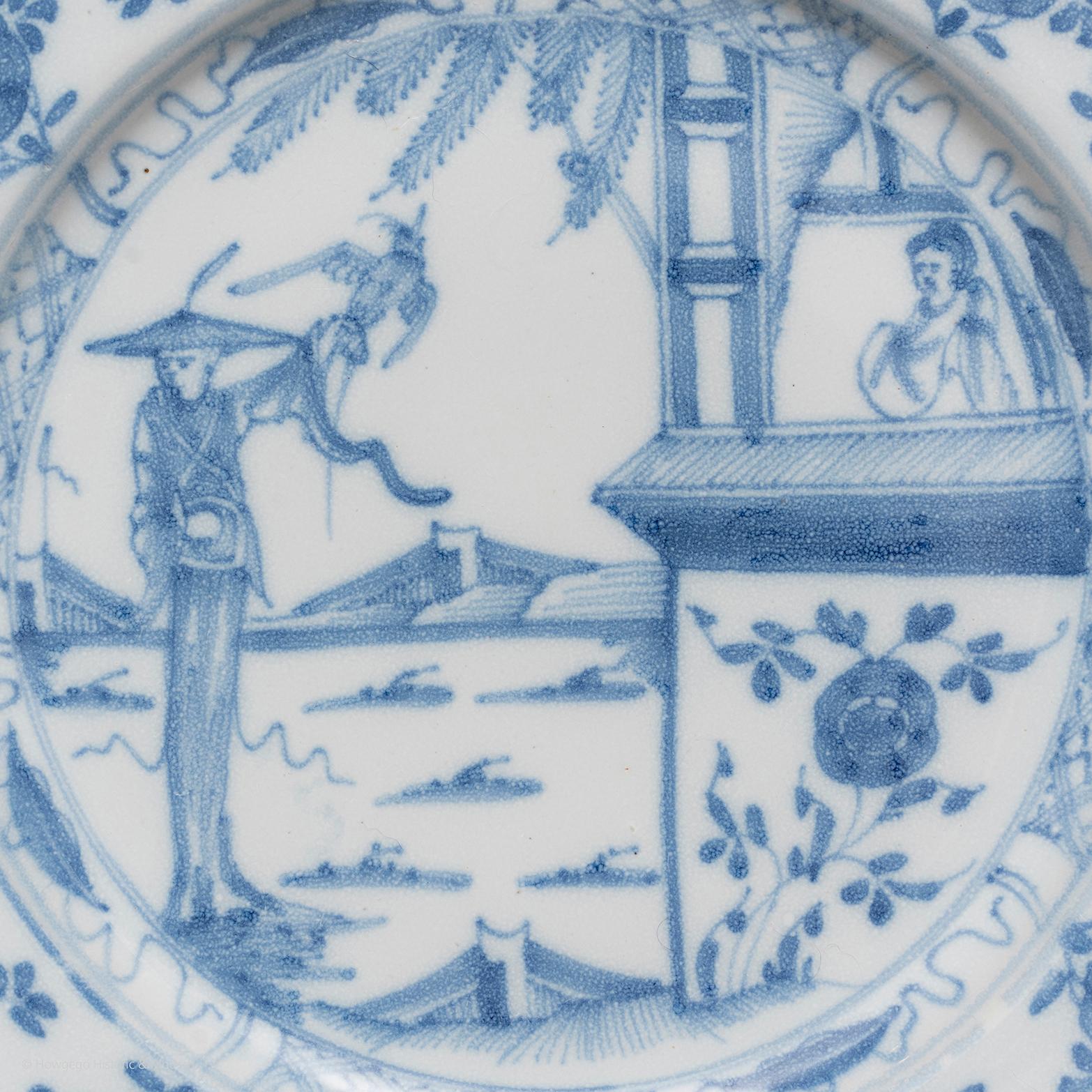 Hand-Painted Plates pair delftware English Liverpool blue white chinoiserie tall lady For Sale