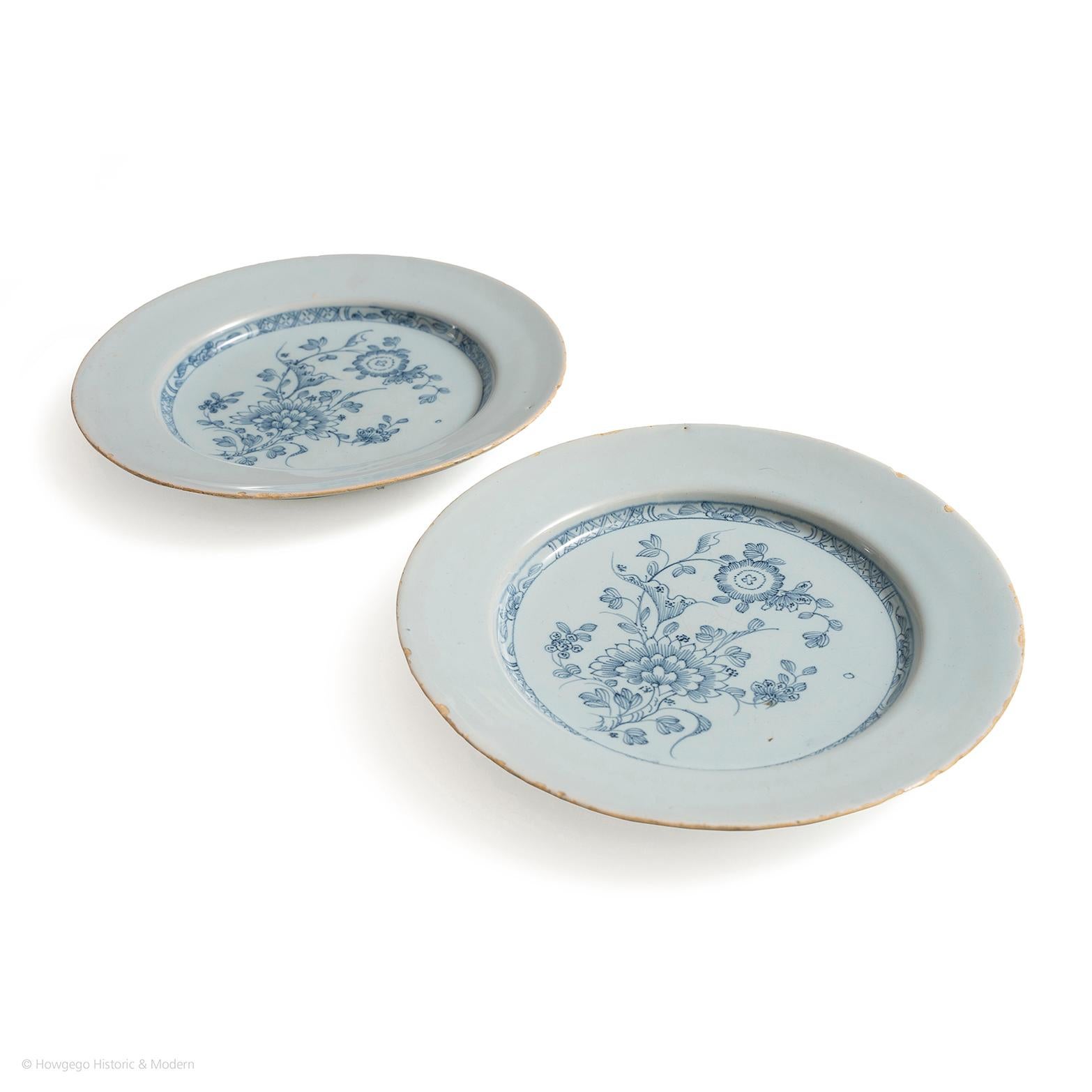 English Plates Pair Delftware Peony Chinioserie Liverpool Blue White For Sale