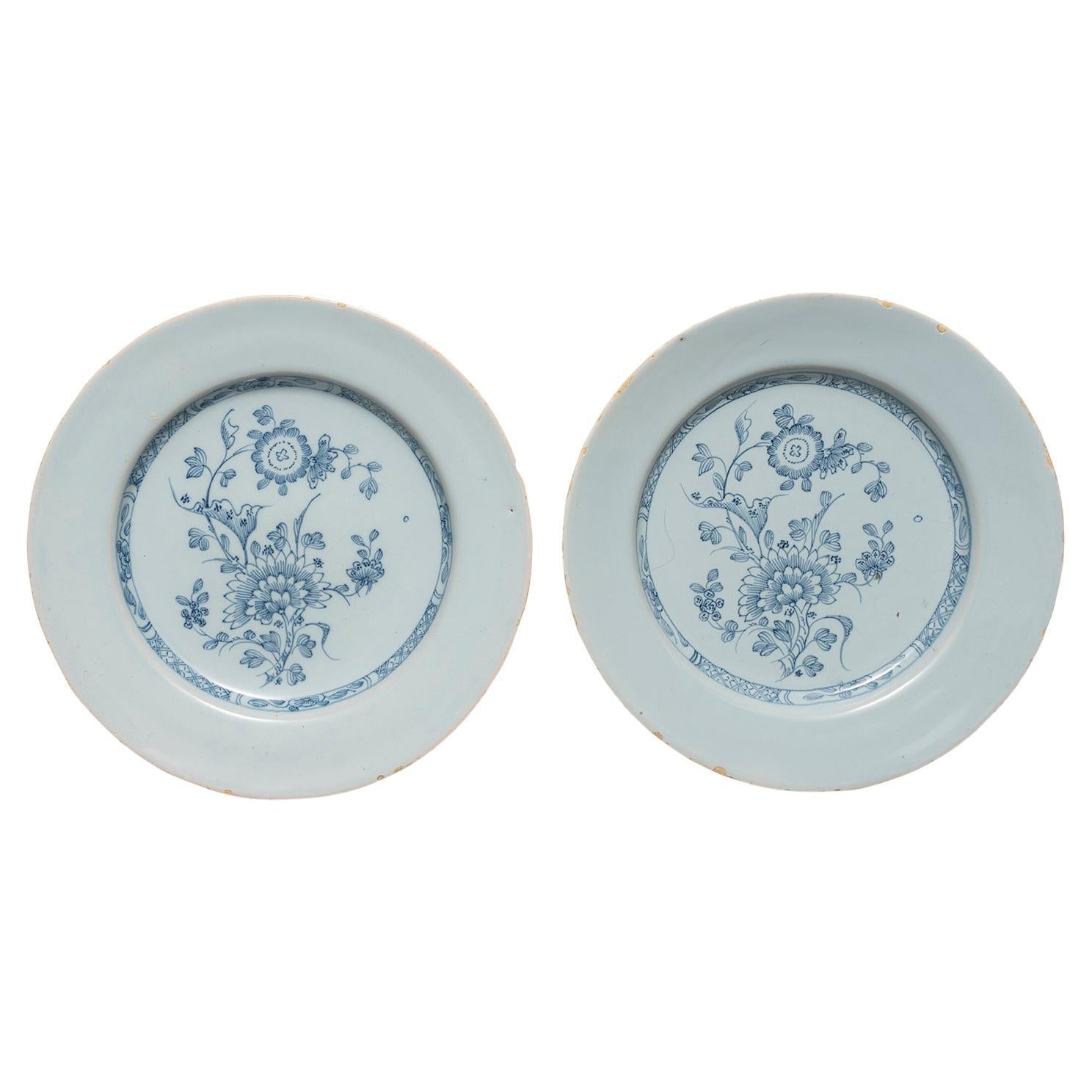 Paar Delfter Porzellan-Teller Chinioserie Liverpool Blau Weiß Durchmesser 23cm 9  im Angebot