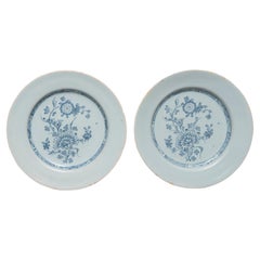 Paire d'assiettes en faïence de Delft pivoine Chinioserie Liverpool bleu blanc diamètre 23 cm 