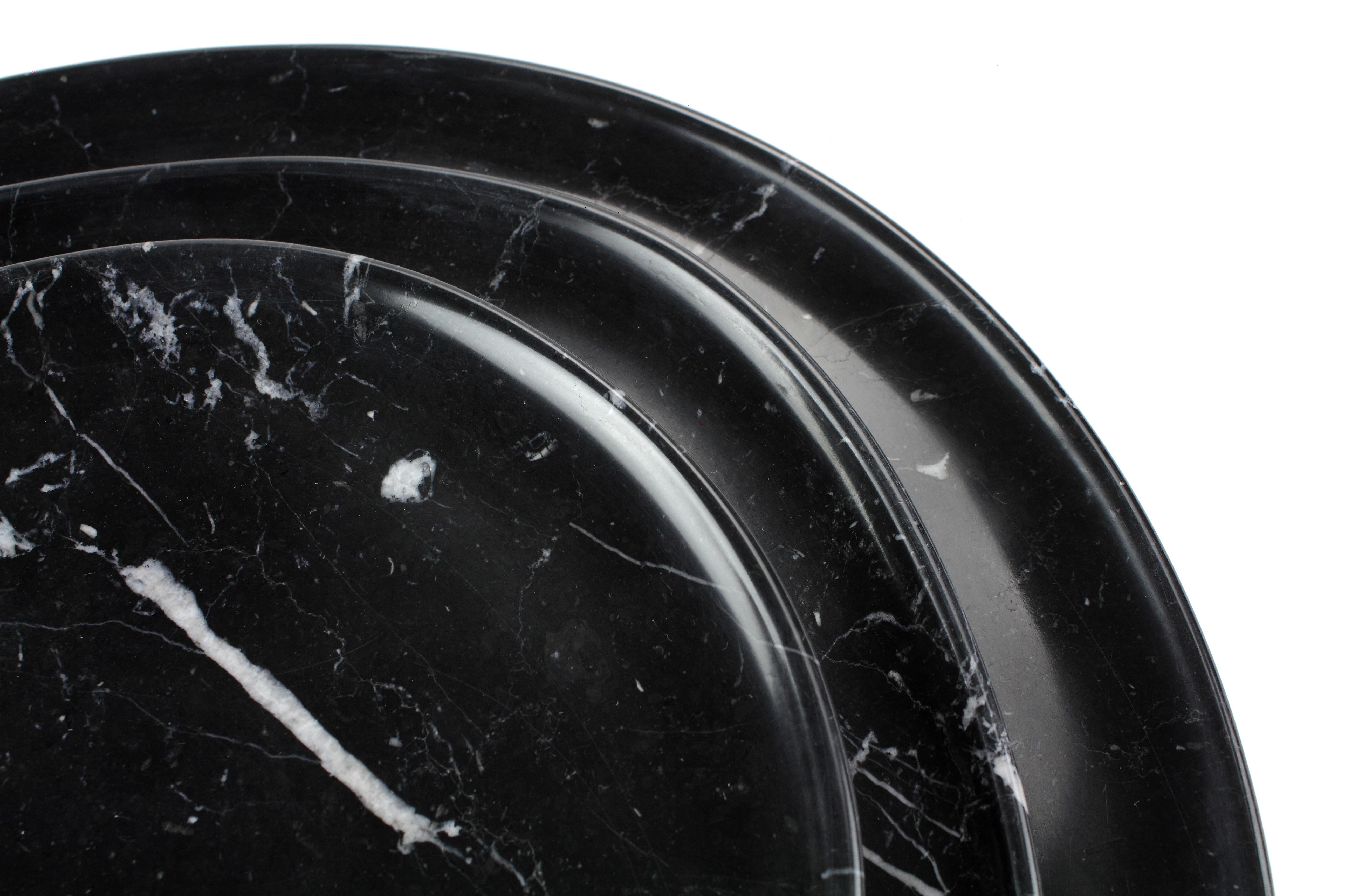 Hand-Carved Plates Platters Serveware Set Black Marquina Marble Collectible Handmade Italy For Sale