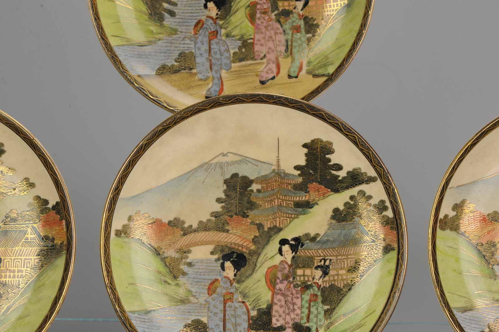 Japanese Plates, Satsuma, Meiji Period Mount Fuji Geishas, Japan, circa 1900 For Sale