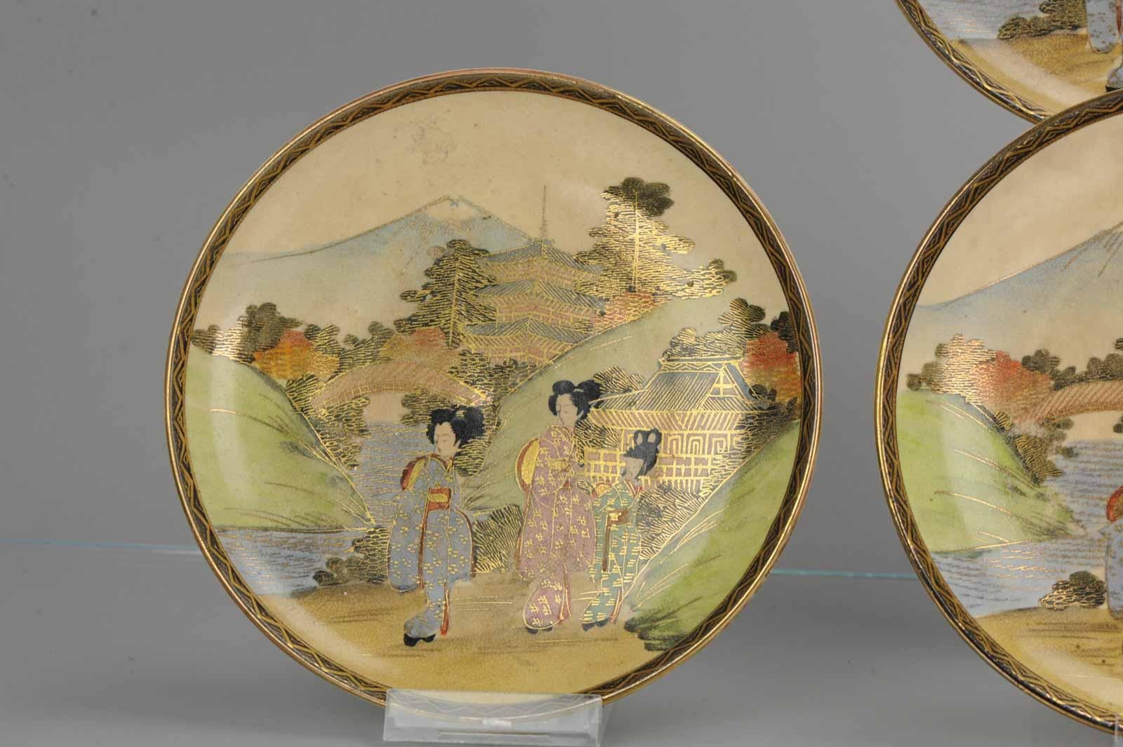 Earthenware Plates, Satsuma, Meiji Period Mount Fuji Geishas, Japan, circa 1900 For Sale
