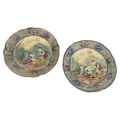  Plates with Faience Children Playing Walmuel Manufacture Belgium 19th set of 2