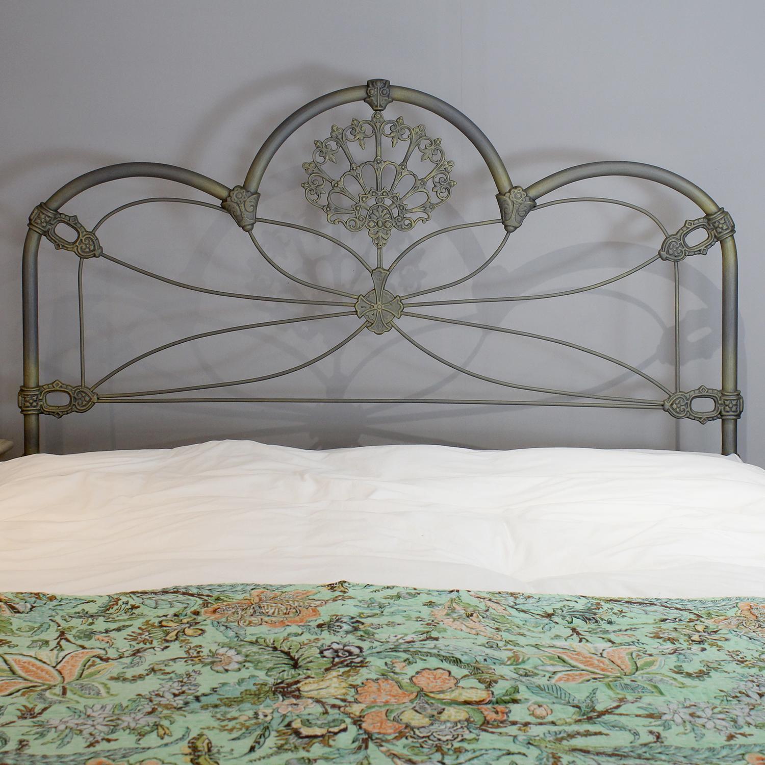 Late Victorian Platform Antique Cast Iron Bed in Grey and Gold, MK286