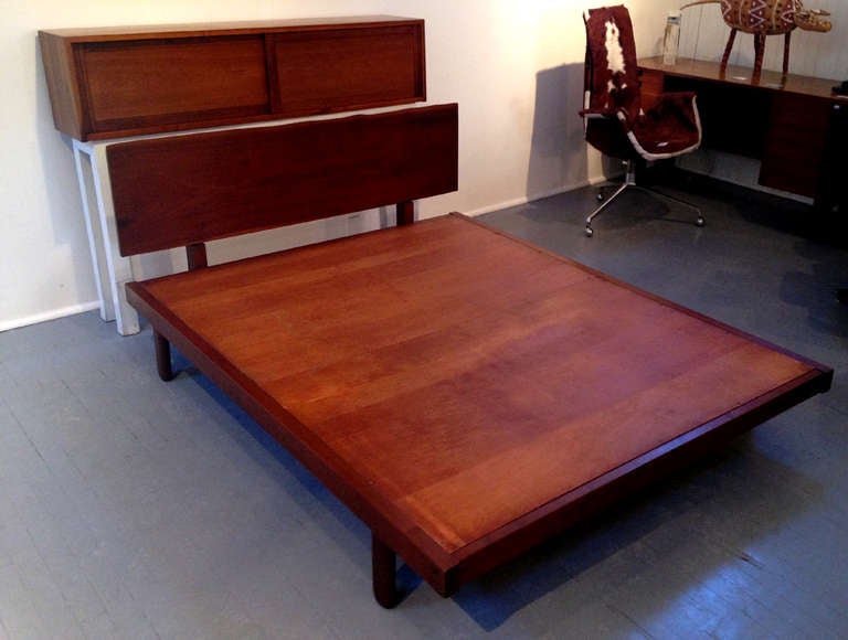 Mid-Century Modern Platform Bed with Walnut Headboard in the Style of George Nakashima