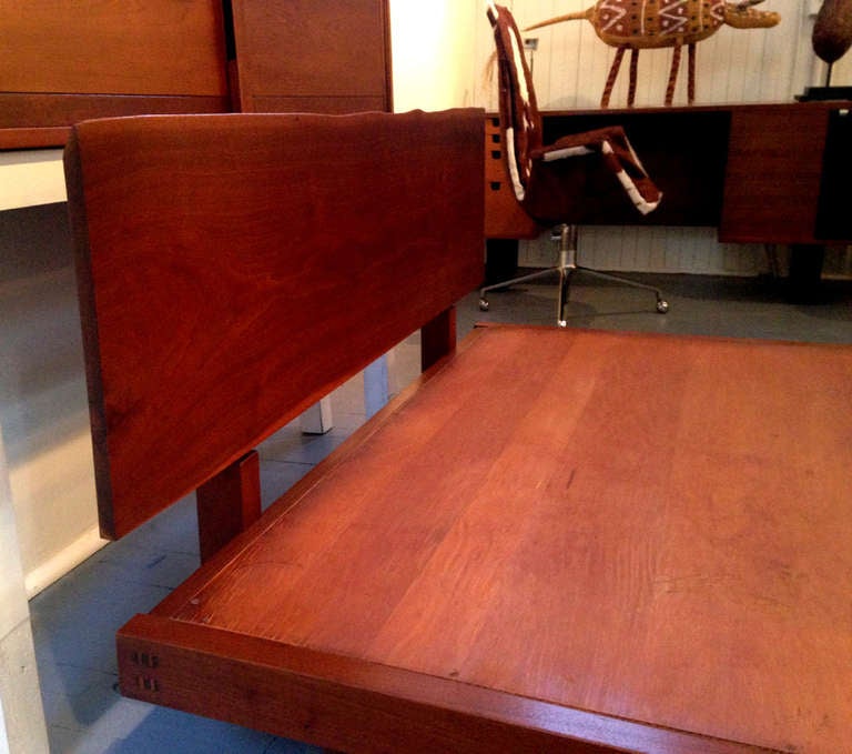 American Platform Bed with Walnut Headboard in the Style of George Nakashima