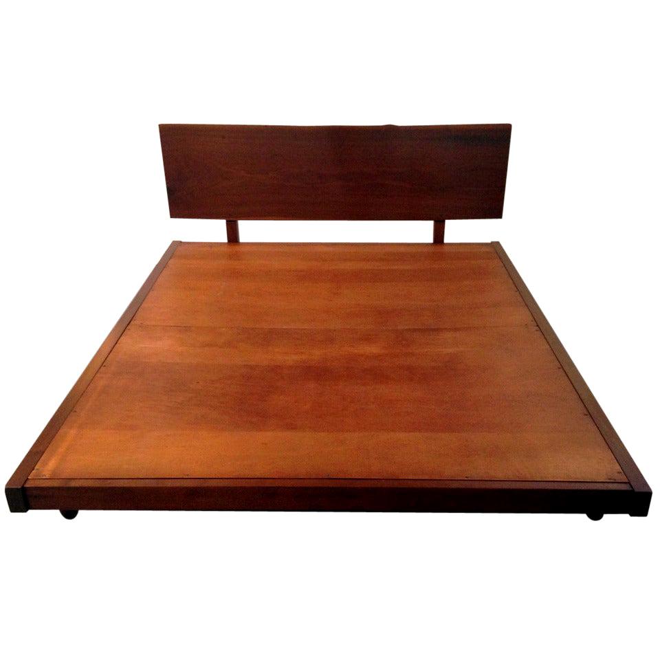 Platform Bed with Walnut Headboard in the Style of George Nakashima