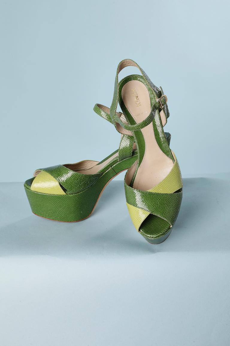 Gray Platform sandal in bicolore green lezard Fendi  For Sale