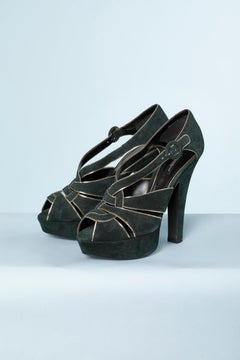 Platform sandal in green suede and gold piping Dolce & Gabbana NEW