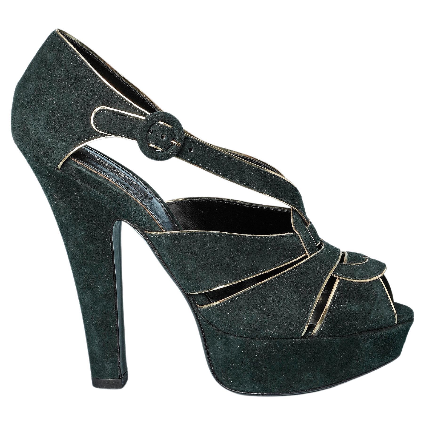 Platform sandal in green suede and gold piping Dolce & Gabbana NEW For Sale