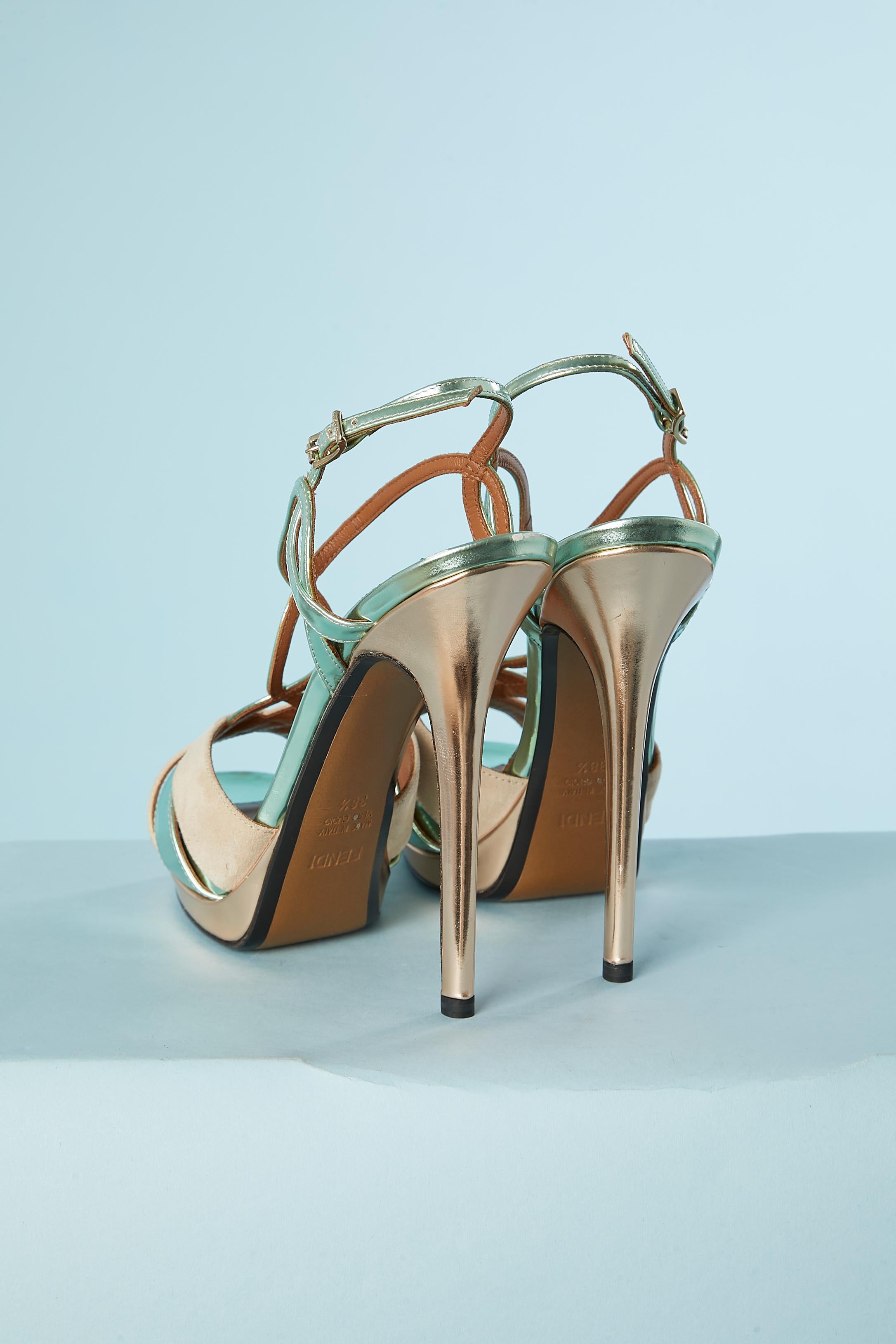 Gray Platform sandal mix beige suede and metallic leather pale green Fendi NEW  For Sale