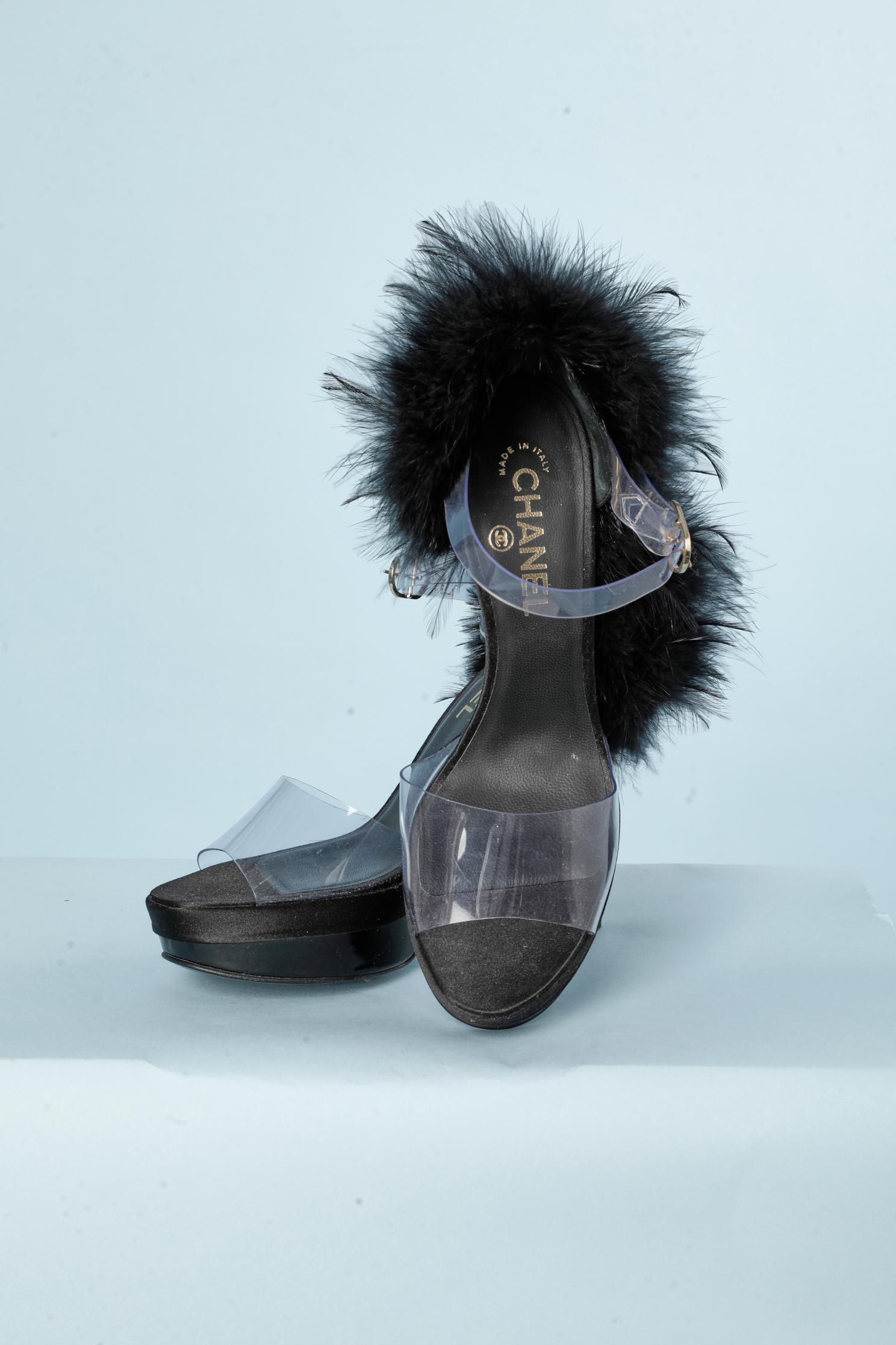 Black Platform sandals in transparent plastic and black feathers Chanel  For Sale