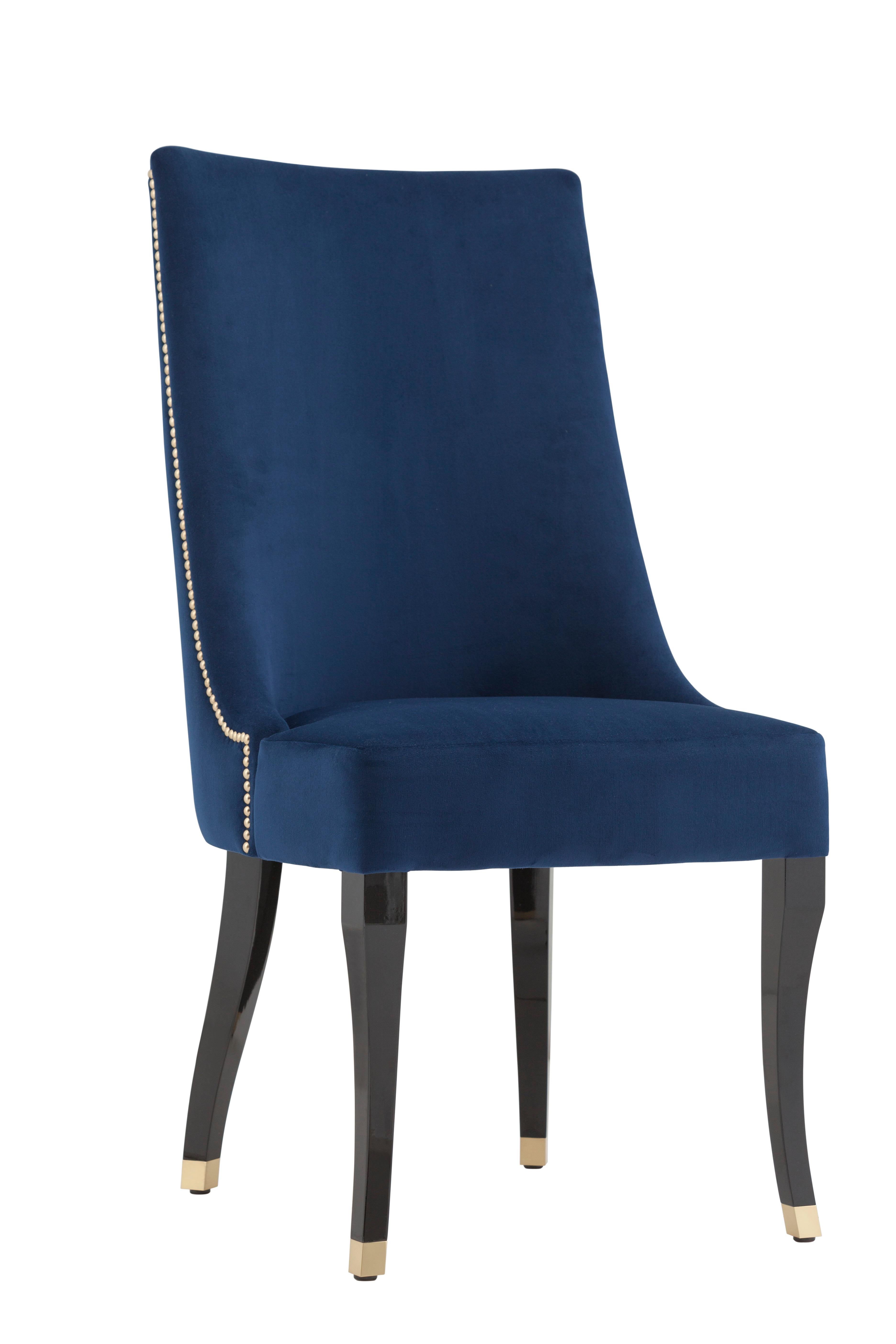 Hand-Crafted Modern Plathea Dining Chairs Dark Blue Velvet Handmade Portugal Greenapple For Sale