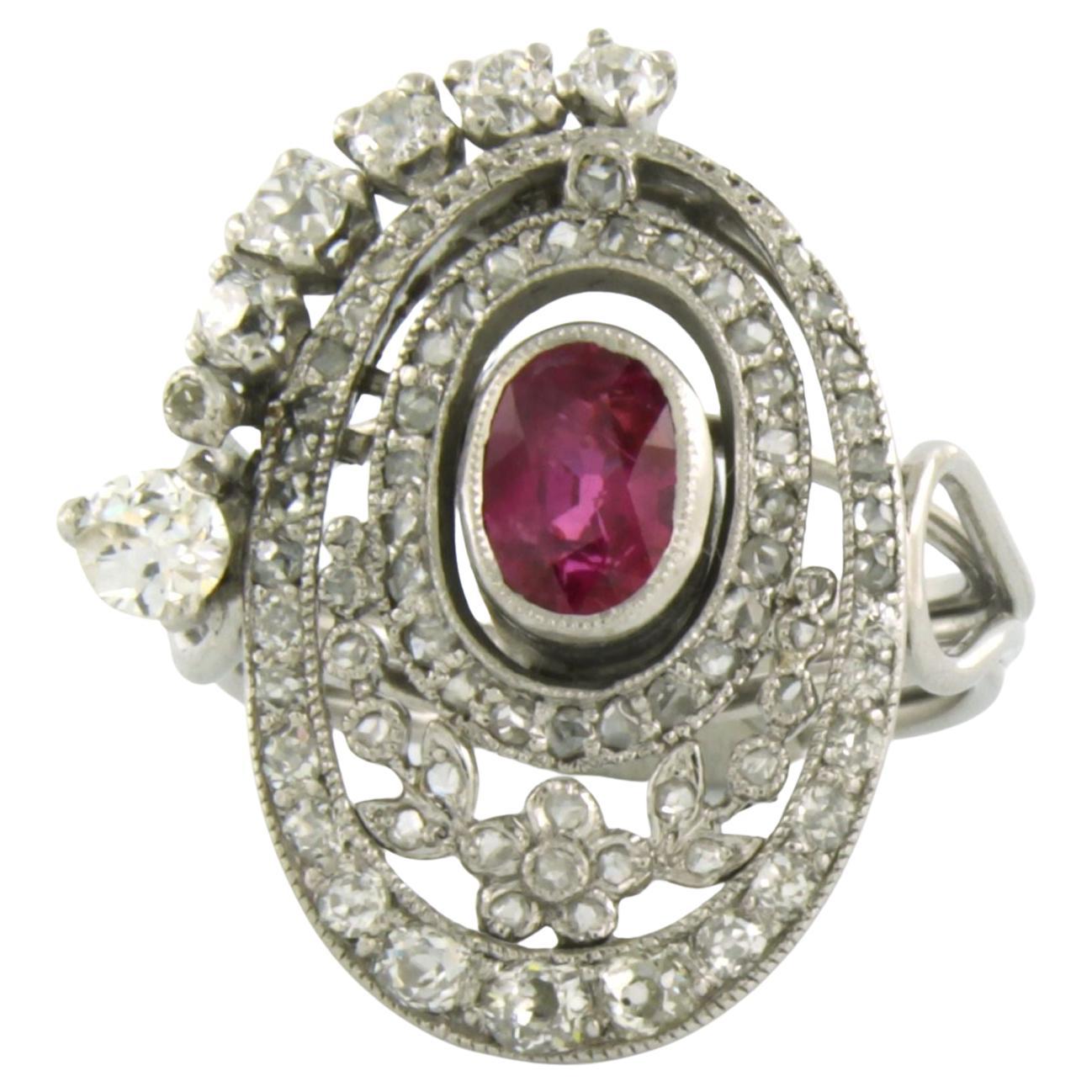 Platinum ring with ruby and Old Mine cut and rose cut diamonds up to 1. ...