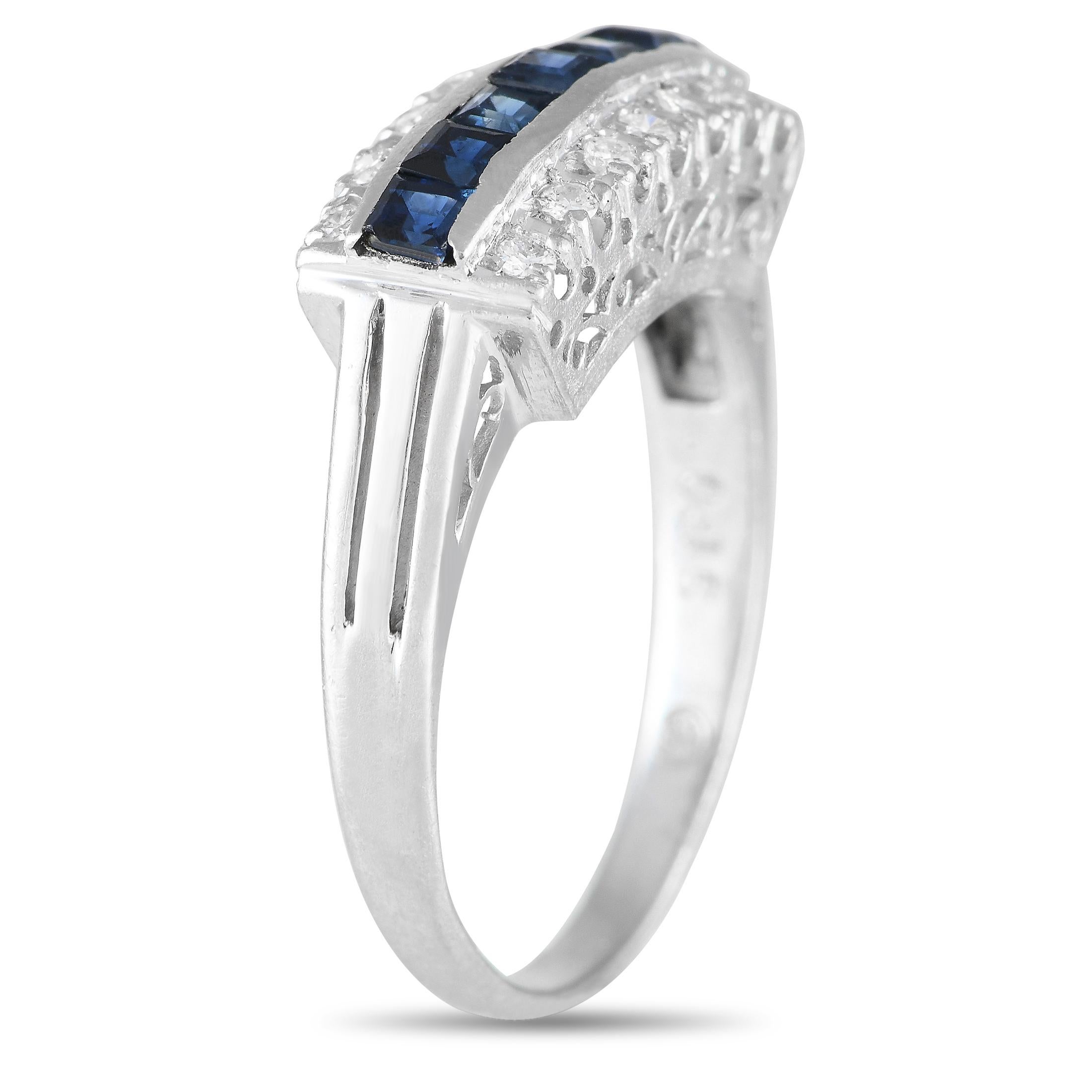 Adding a vintage flair to your style is easy when you have This platinum ring in your jewelry collection. This Art Deco-inspired piece features a row of sapphires in an invisible setting, sandwiched by rows of round diamonds. The rows of precious