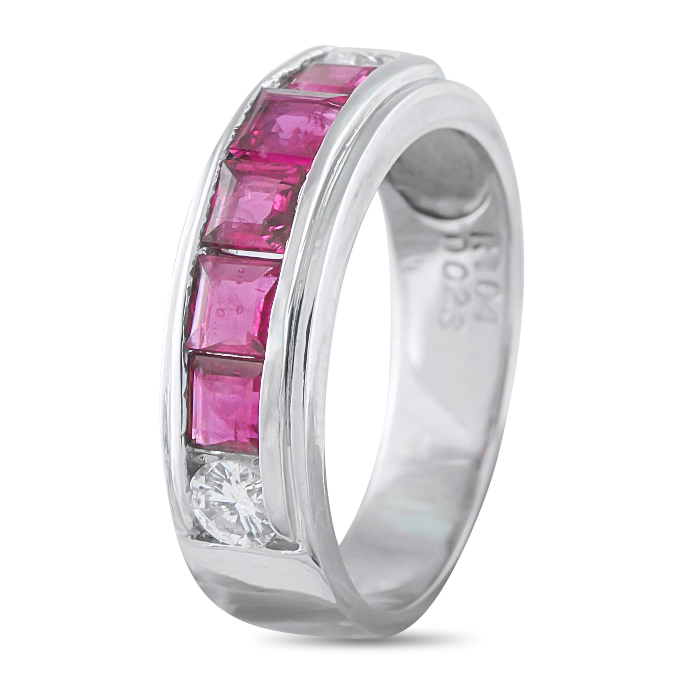 This ring's seamless stream of deep crimson immediately catches attention. An piece, this ring features a 5mm platinum band with a row of square-shaped rubies in a precise channel setting. The channel is beautifully punctuated at its ends by a round