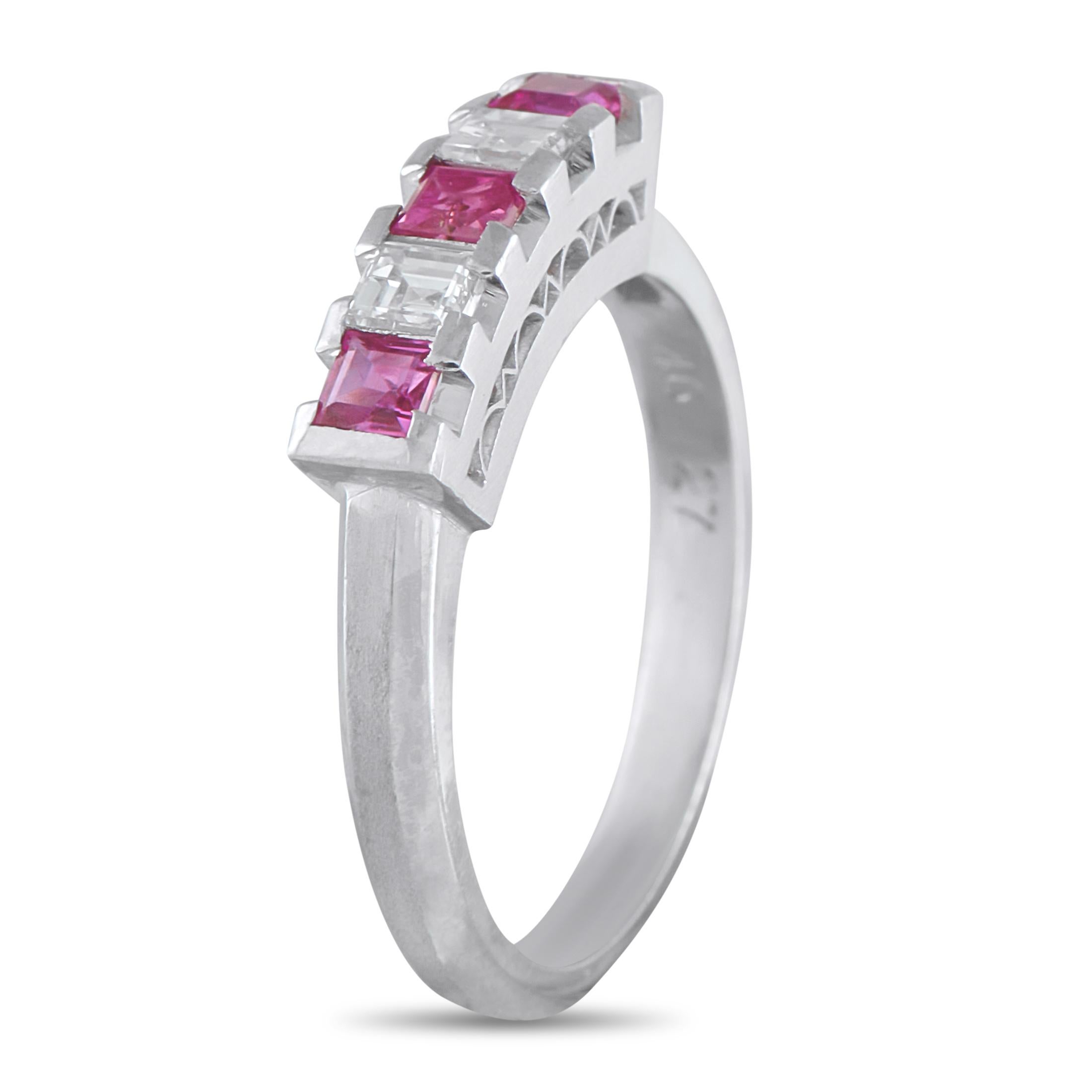 Beyond its structural elegance, this five-stone ring resonates as a symbol of lasting memories and milestones. It features alternating radiant-cut diamonds and rubies, set on shared bar prongs for precise alignment and clean lines. The five-stone