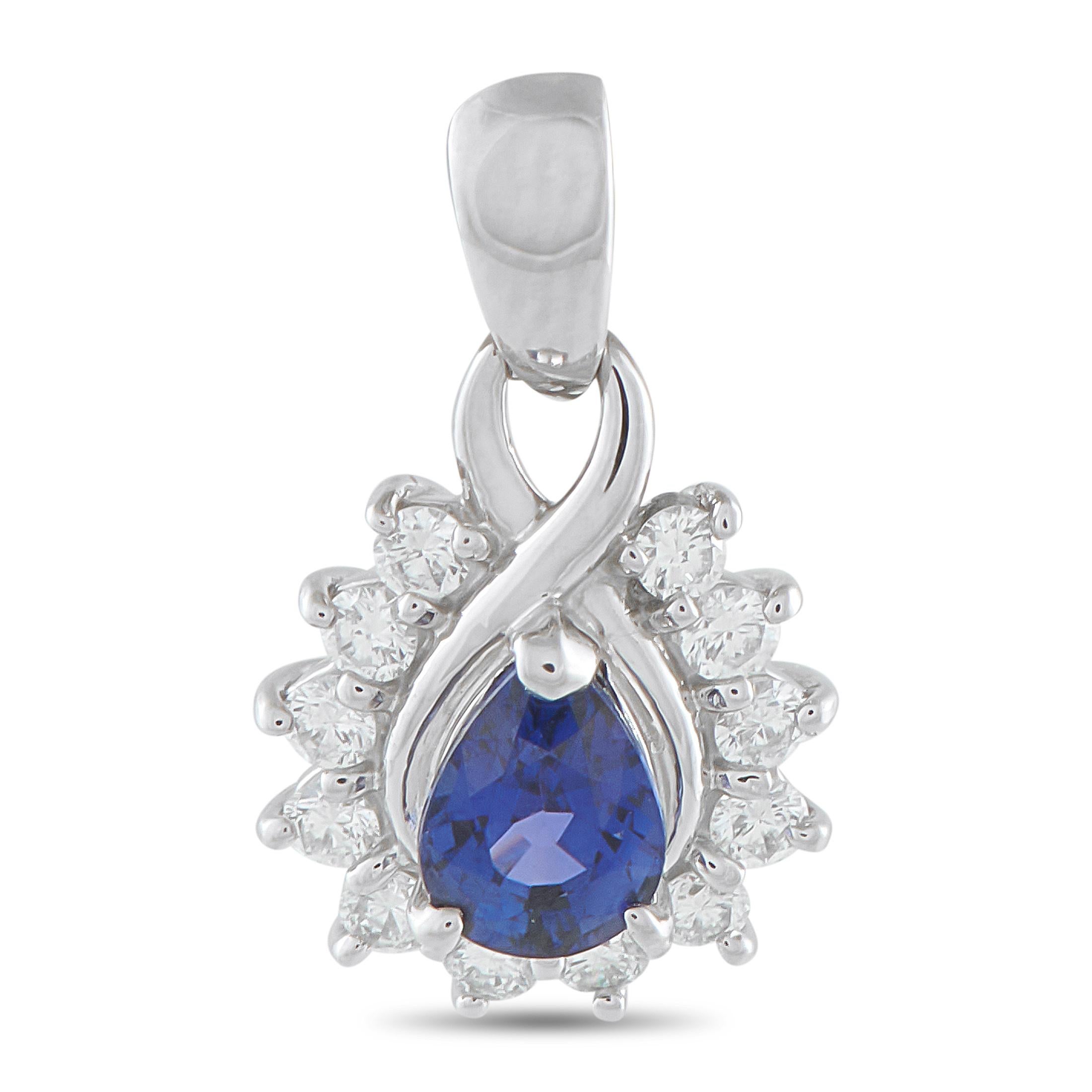 Platinum 0.29ct Diamond and Blue Pear Sapphire Pendant MF08-110425 In condizioni ottime in vendita a Southampton, PA