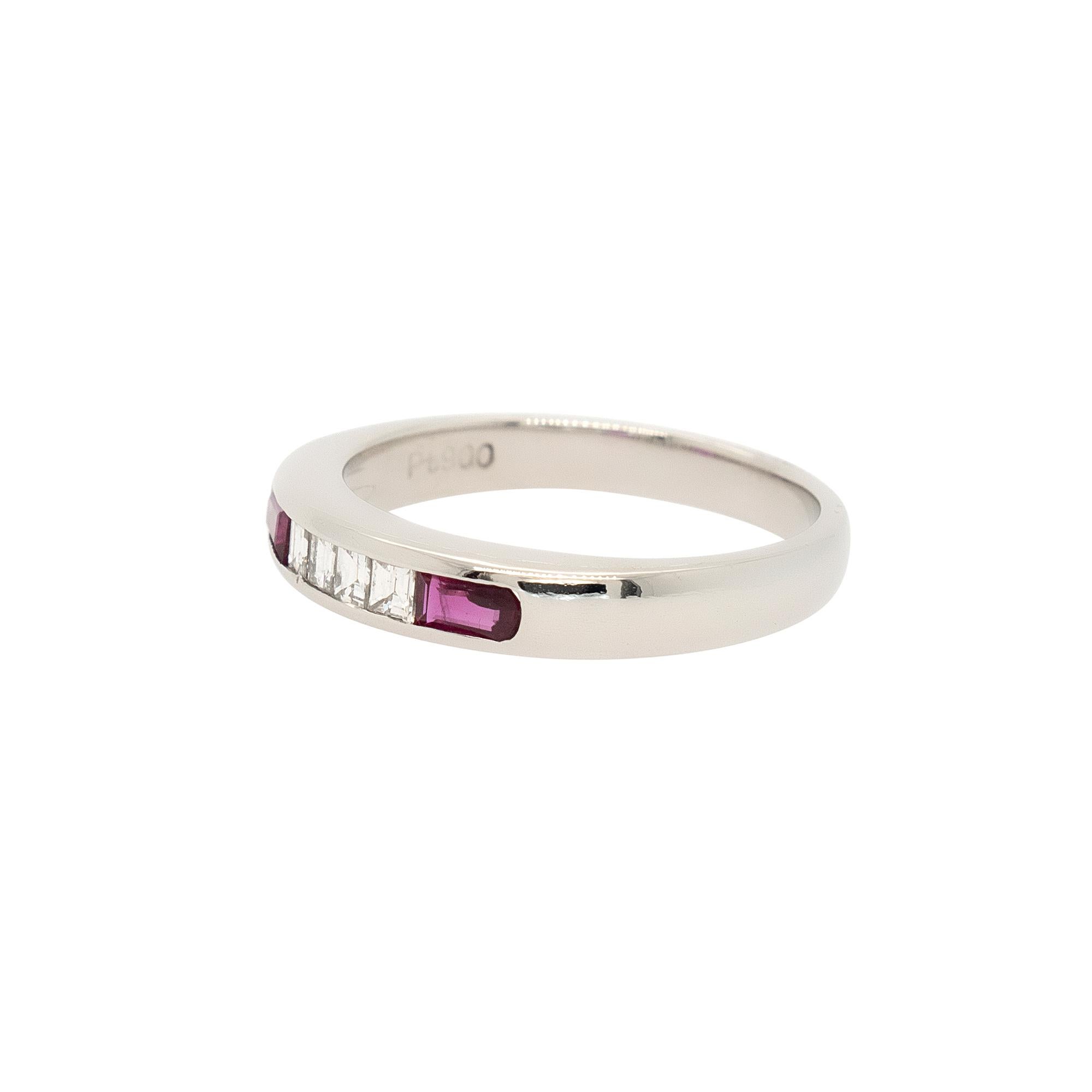 Center Details: 
Approx Diamond: 0.16ctw
Approx Ruby: 0.30ctw
Ring Material: Platinum
Ring Size:n6.25 (can be sized)
Total Weight: 4.9g (3.2dwt)
This item comes with a presentation box!
SKU: R5458

Elevate your style with this platinum band ring.