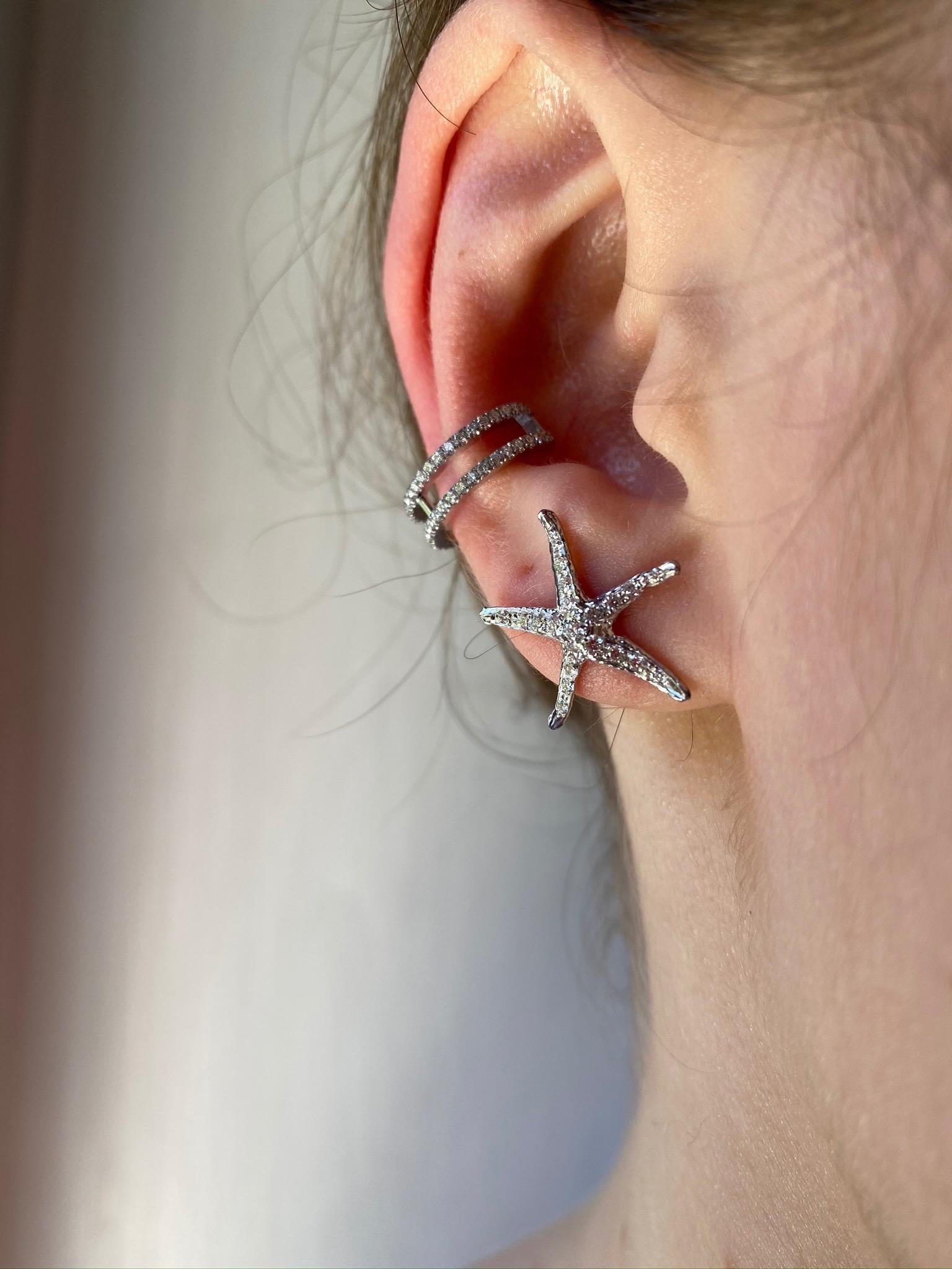 Women's or Men's Platinum 0.36 Karat White Diamonds Handcrafted Starfish Stud Modern Earrings For Sale