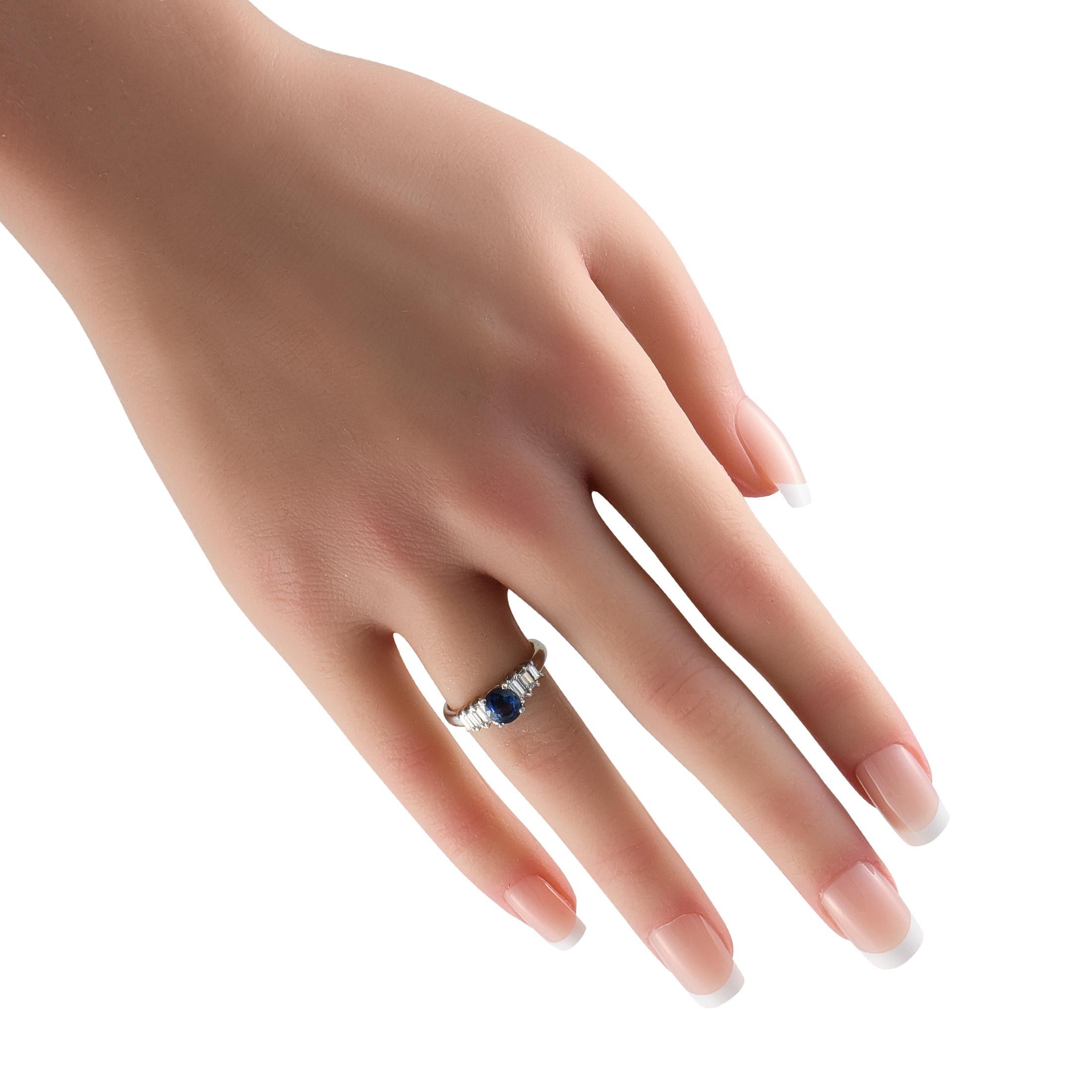 Baguette Cut Platinum 0.39ct Diamond and Sapphire Ring For Sale